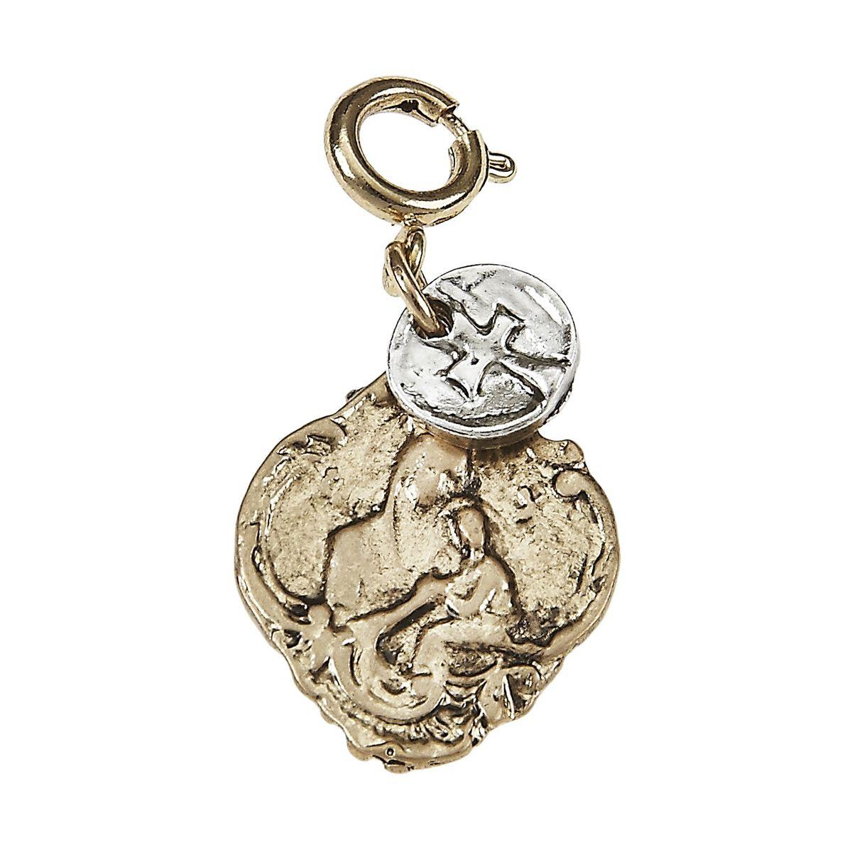 Antique Gold Madonna with Tiny Antique Silver Cross On Disk Charm