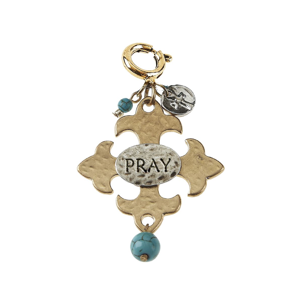 "Pray" Square Hammered Cross with Turquoise Bead Charm