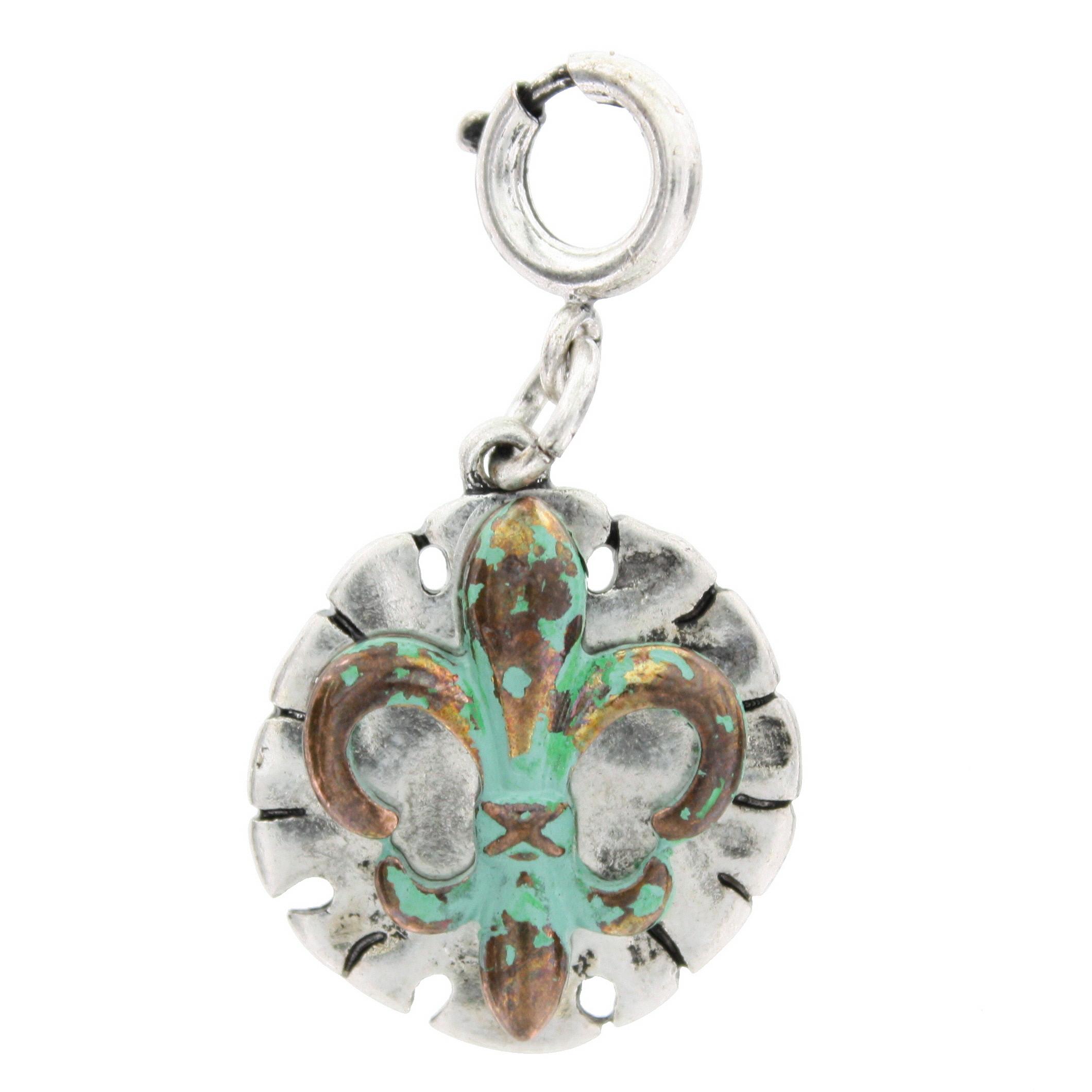 Patina Brushed Fleur De Lis On SIlver Plate Charm
