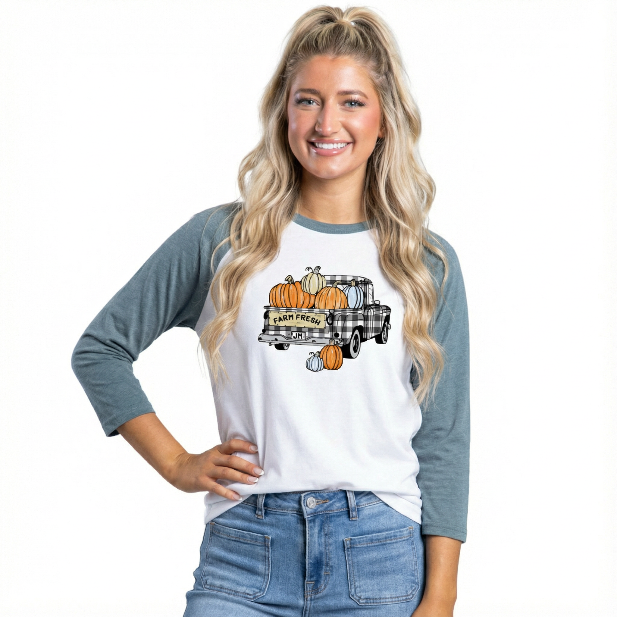 Farm Fresh Buffalo Plaid Truck 3/4 Sleeve T-Shirt