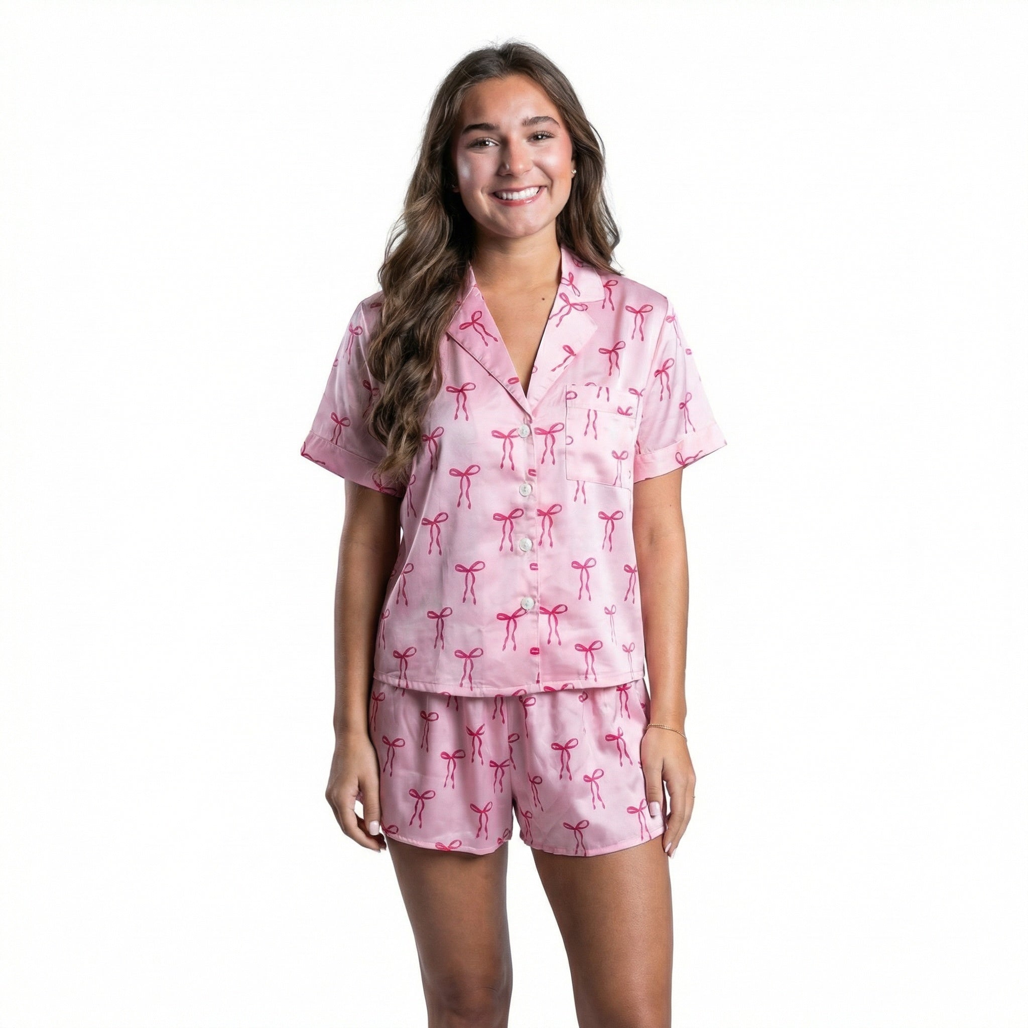 Tied with a Bow Pink Satin Pajama Short Set