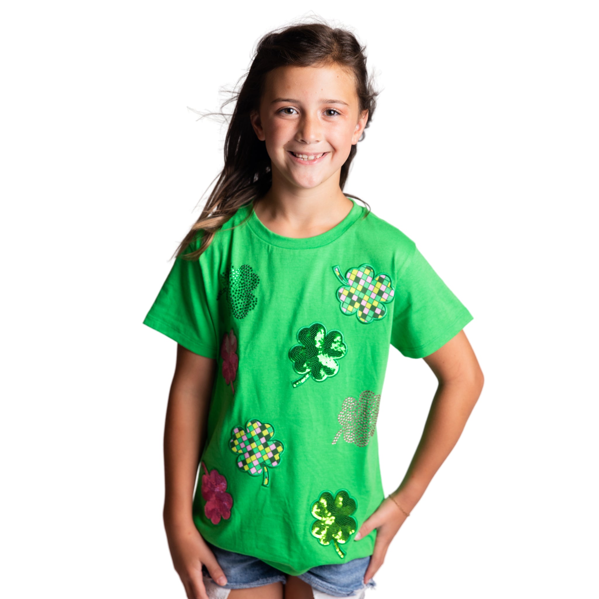 Kids Lucky Girl Green Crew Neck Shirt