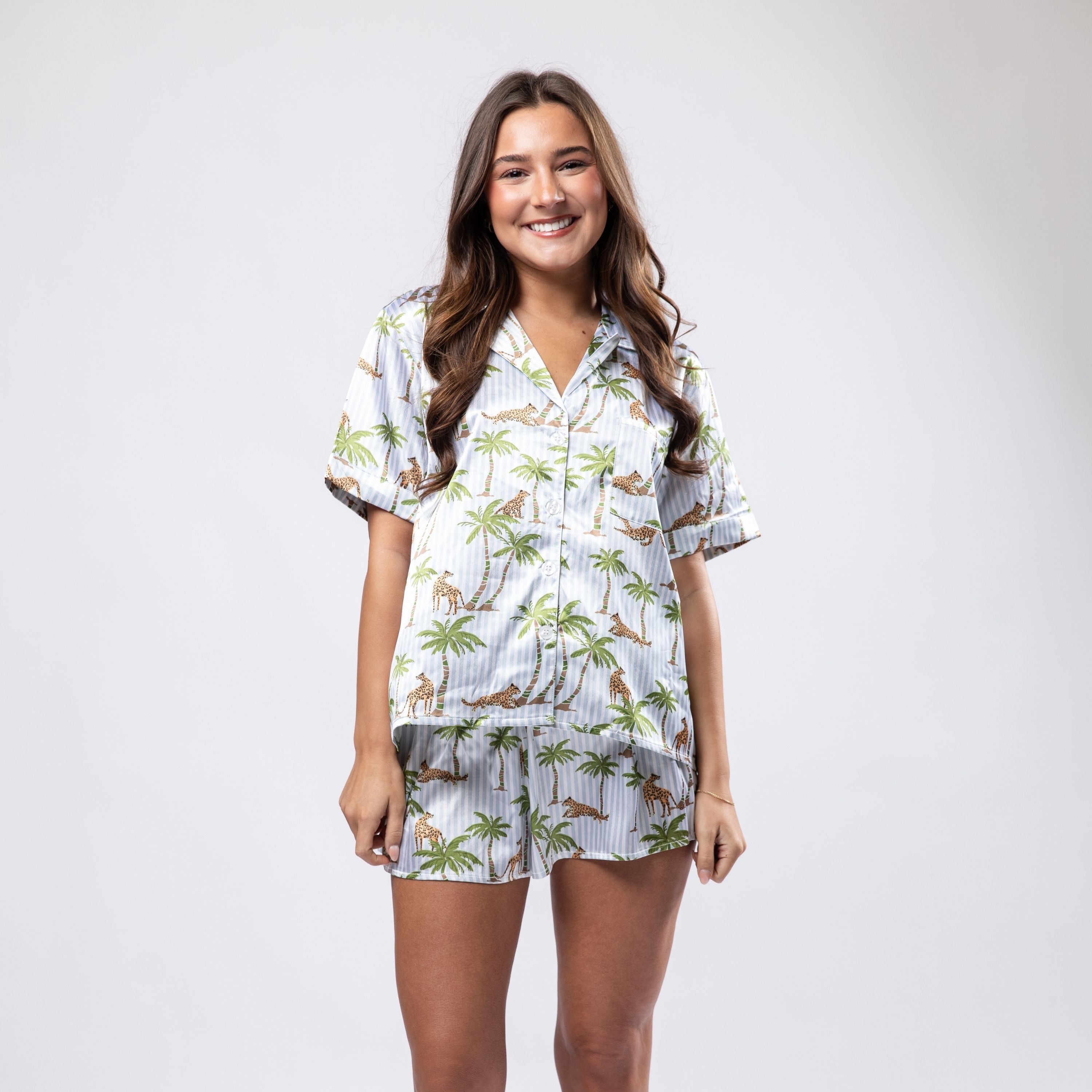 Blue Jungle Palm Satin Pajama Short Set S