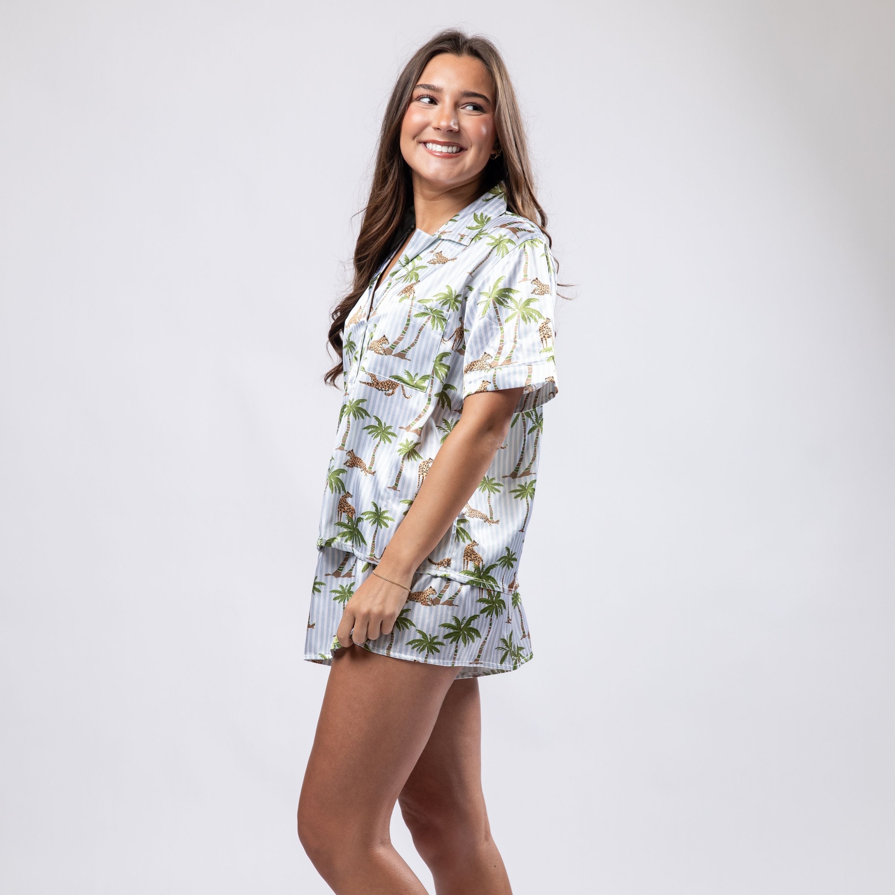 Blue Jungle Palm Satin Pajama Short Set S
