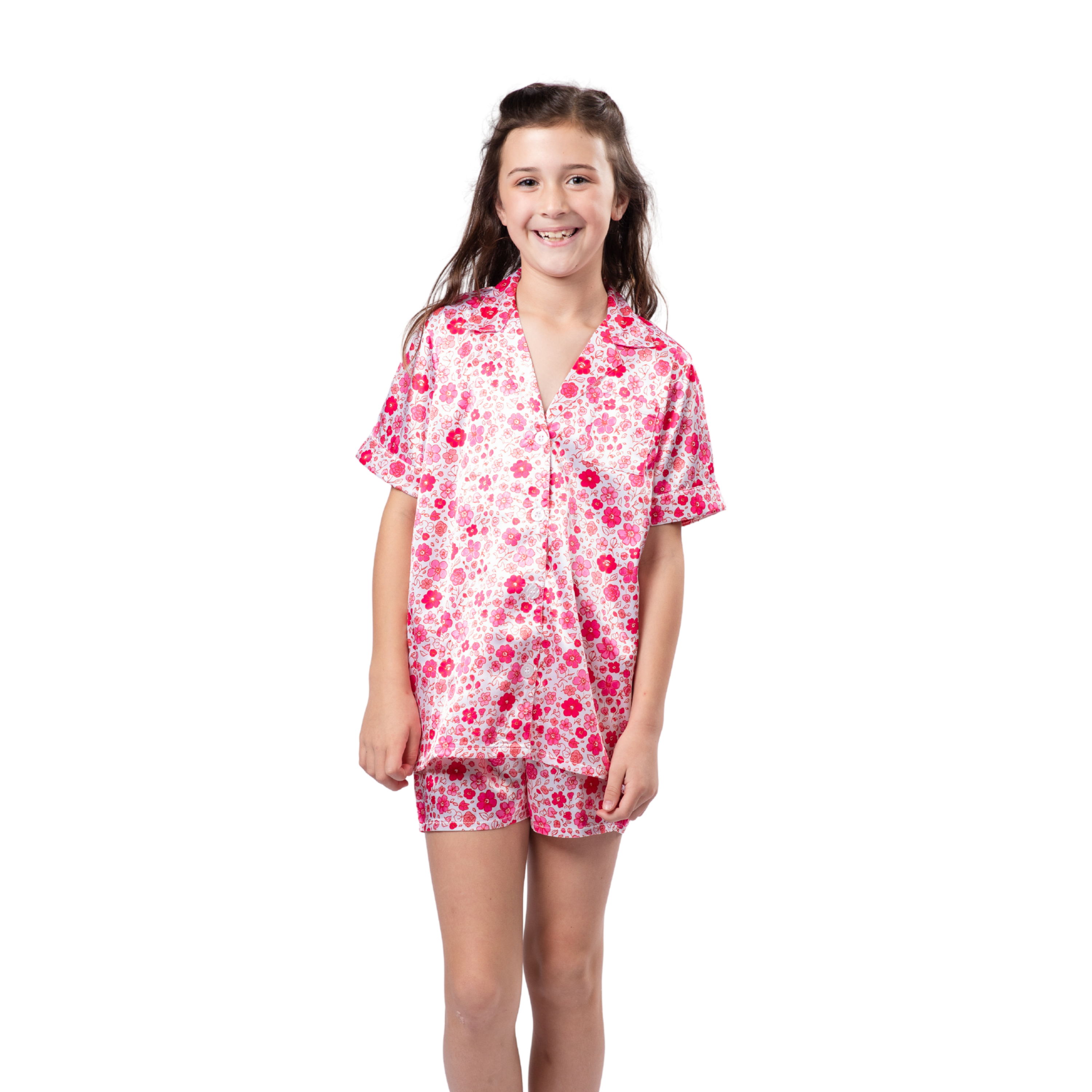 Kids Pretty in Pink Florals Satin Pajama Short Set