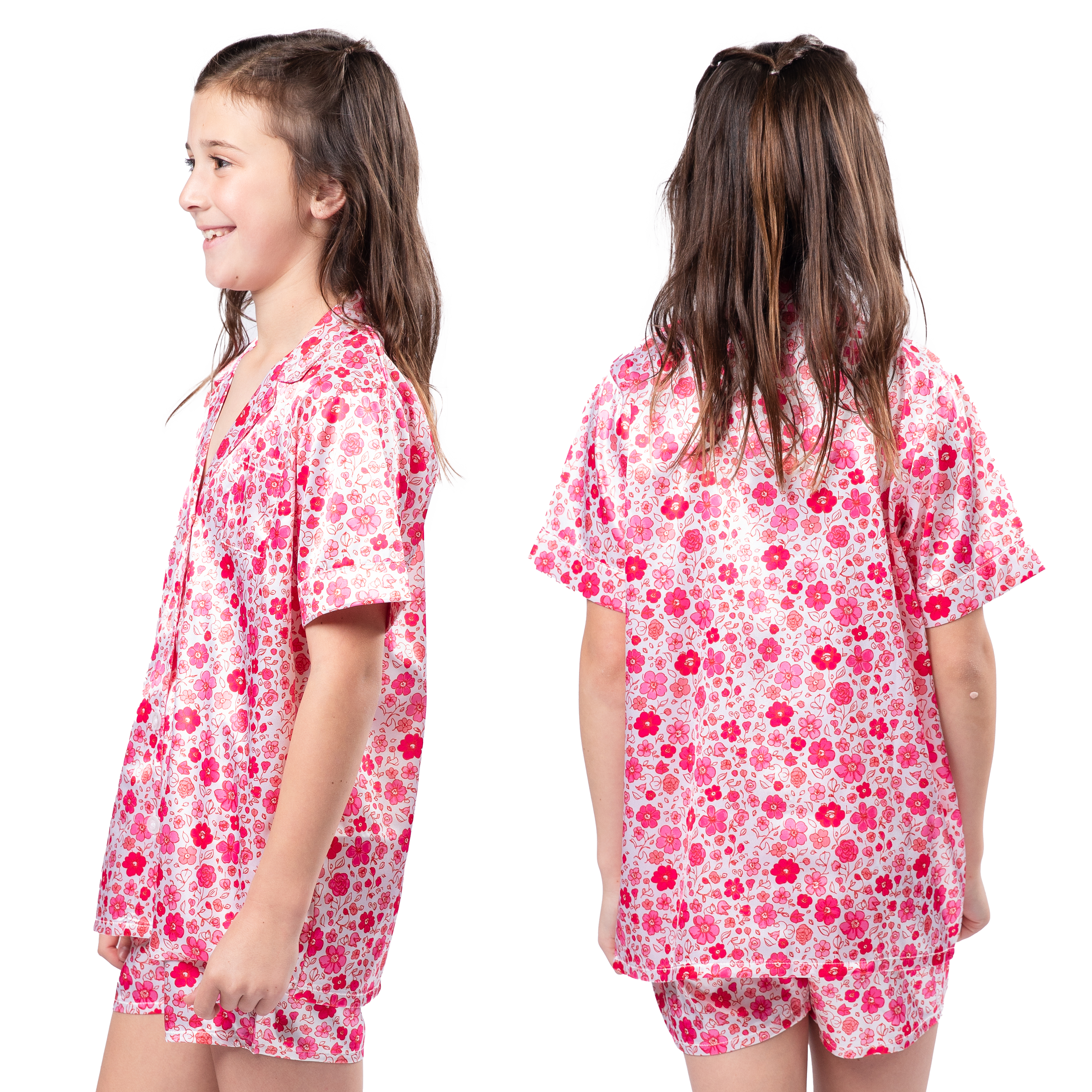 Kids Pretty in Pink Florals Satin Pajama Short Set