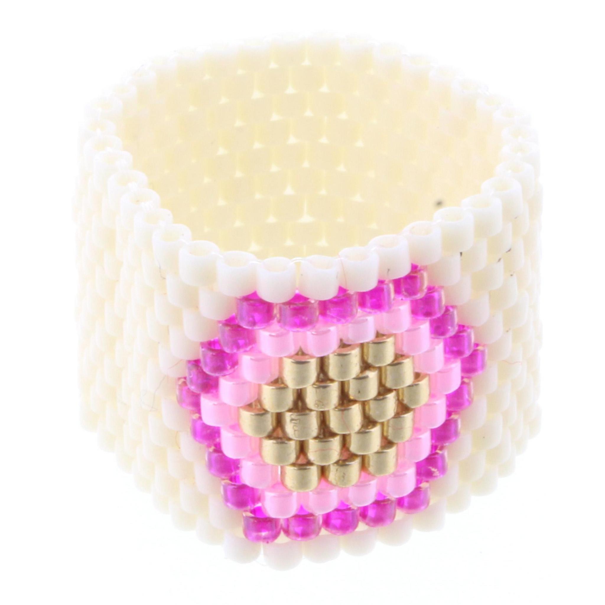 Ivory Seed Bead Ring with Pink and Gold Hexagon