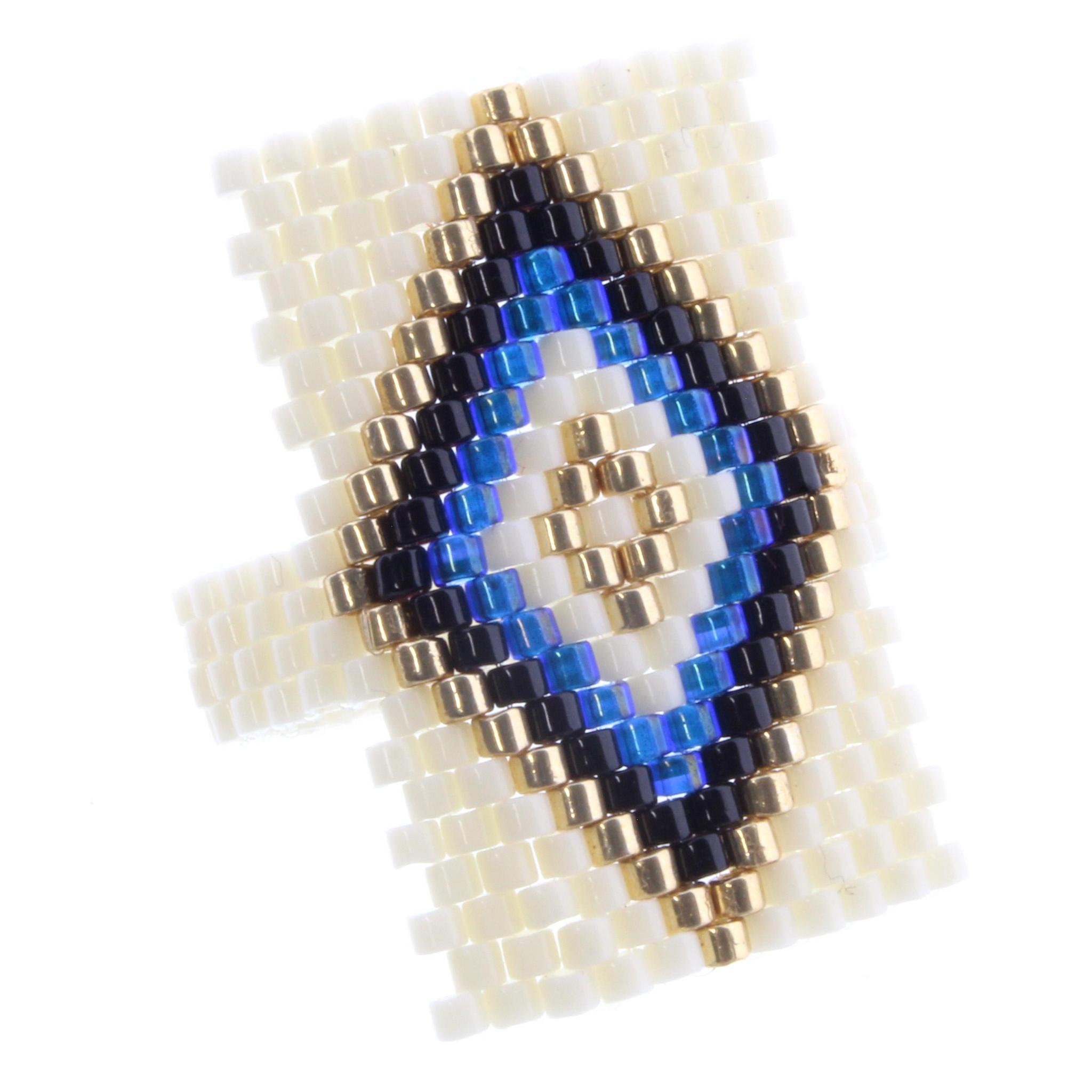 Ivory Rectangular Seed Bead Ring with Gold, Jet, and Blue Diamond