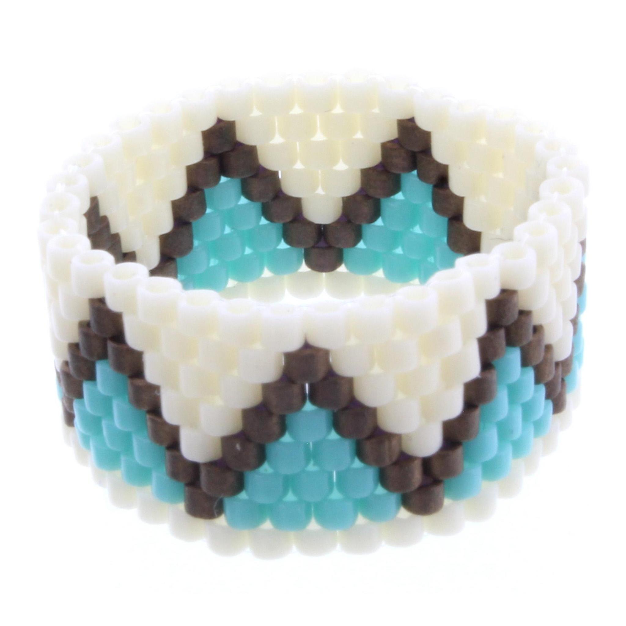 Ivory and Turquoise Seed Bead Ring with Triangle Design