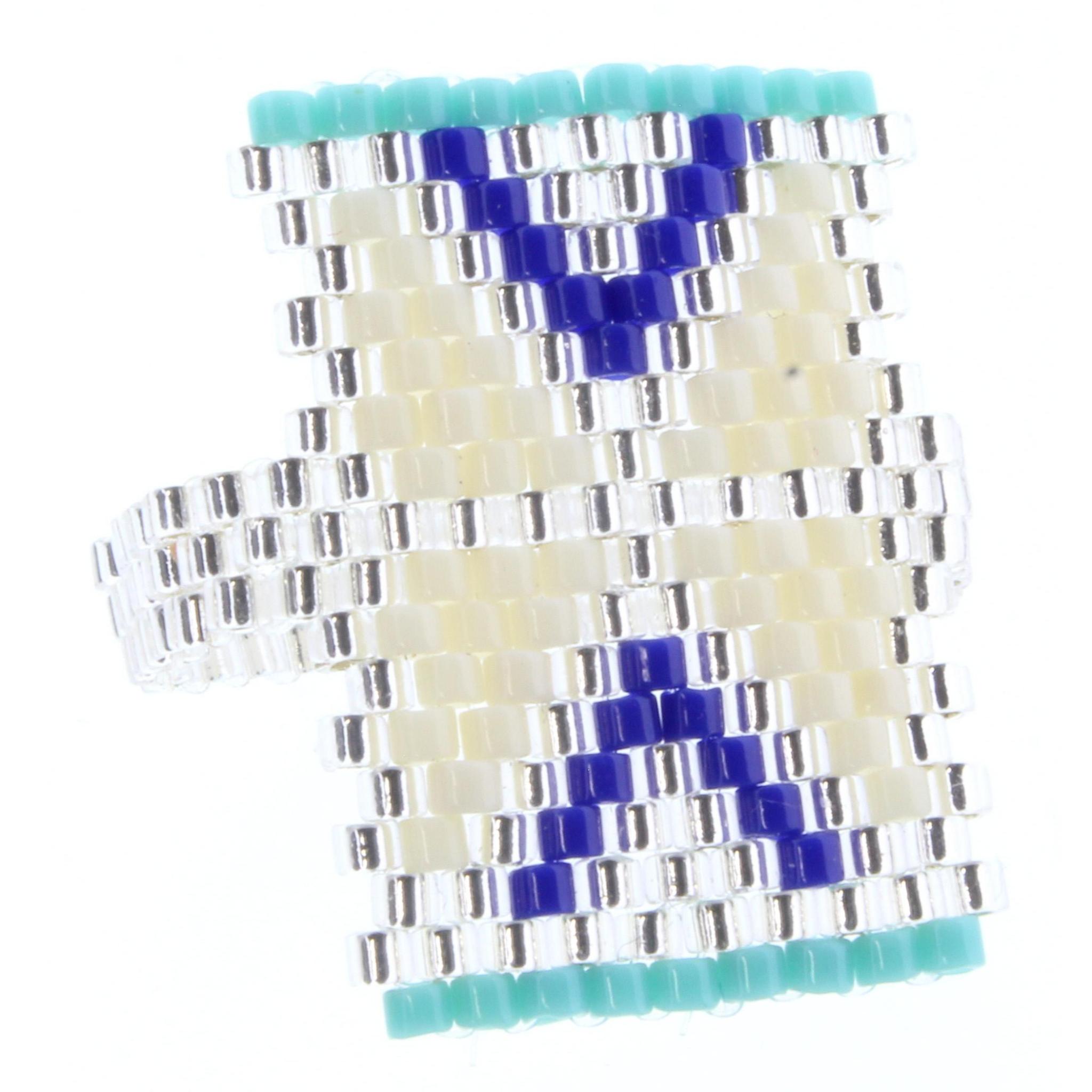 Silver Rectangular Seed Bead Ring with Ivory, Blue, and Turquoise Triangle