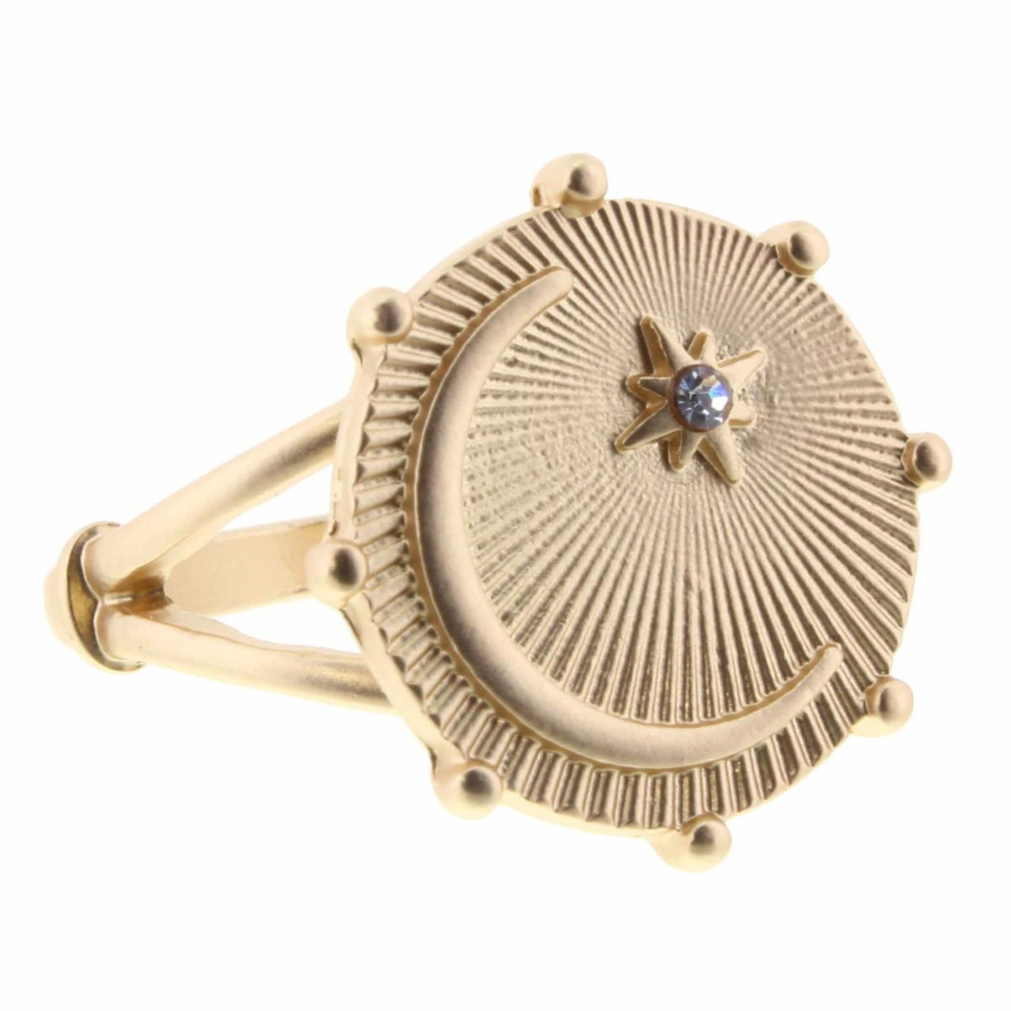Gold Moon with Crystal Accent Star Circle Ring