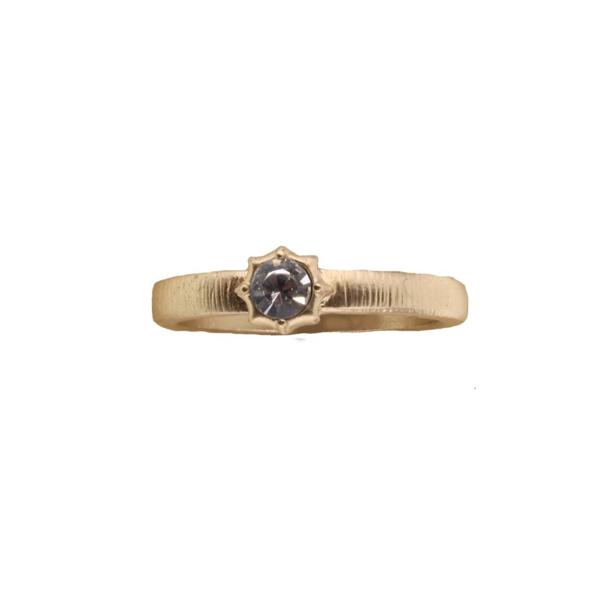 Gold Band with Clear Circular Crystal and Raised Edges Ring