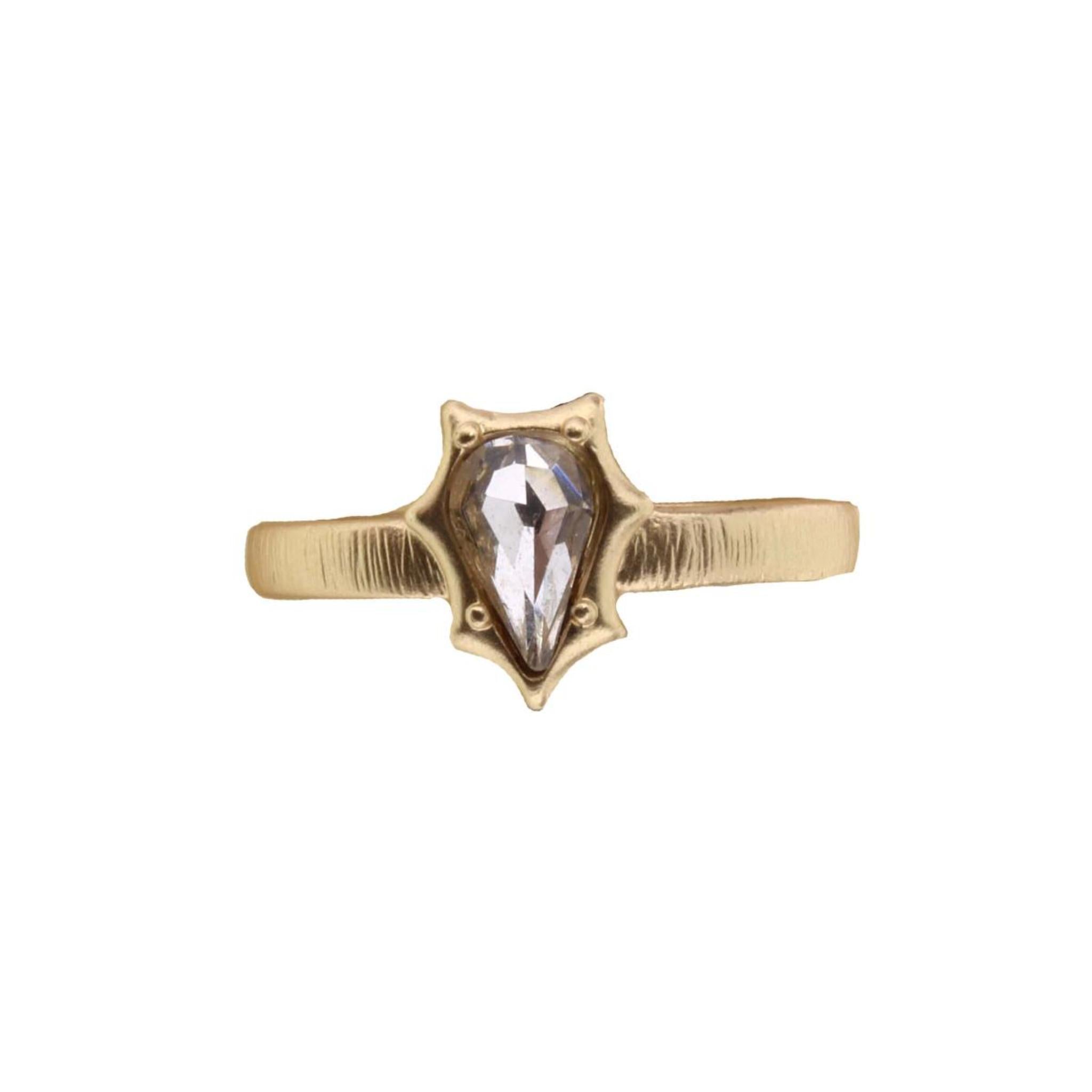 Gold Band with Clear Teardrop Crystal and Raised Edges Ring