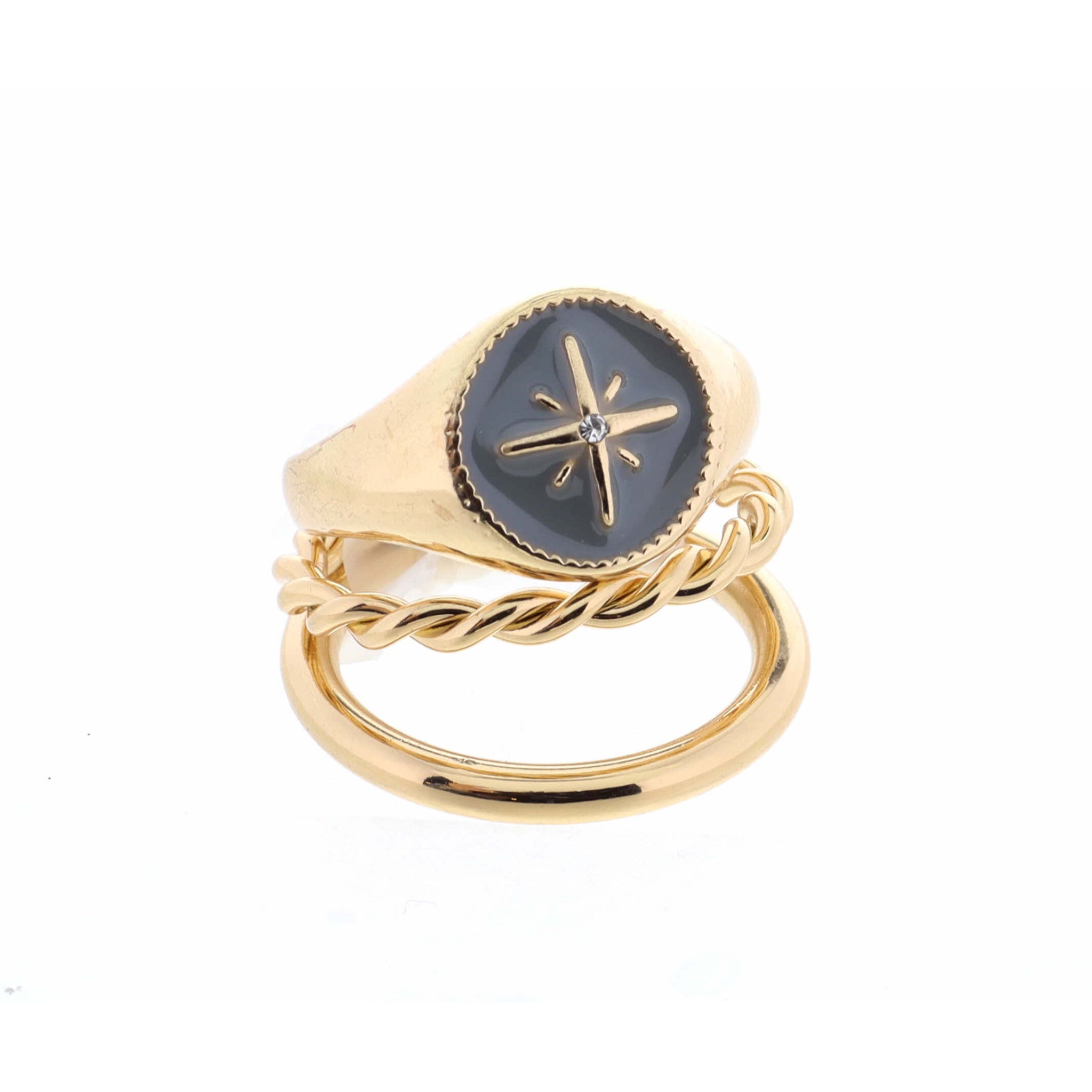 Stack of 2, Starburst on Grey Circle & Two Layer Gold Ring