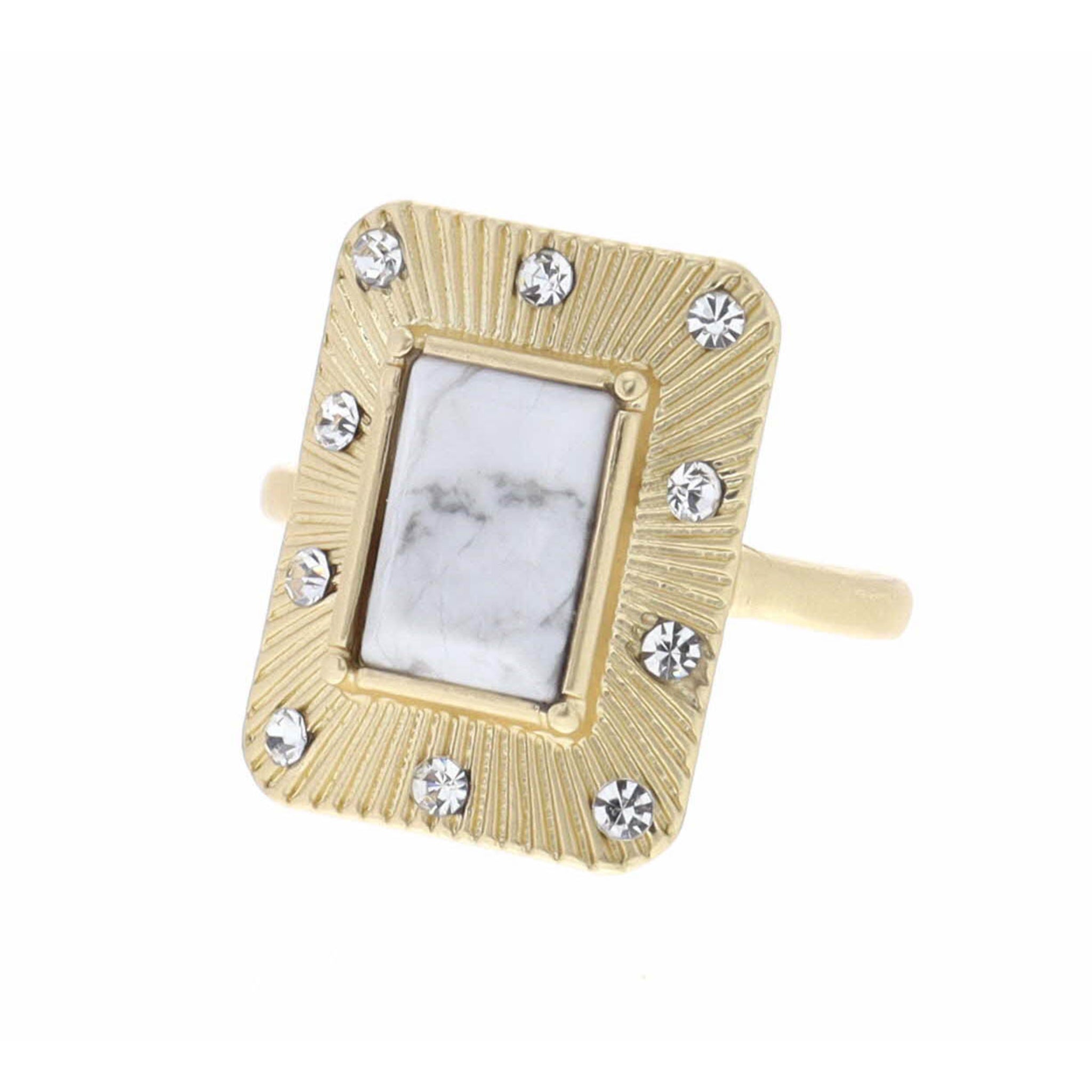 Rounded Rectange with Howlite Rectangle and Mini Clear Crystals Ring