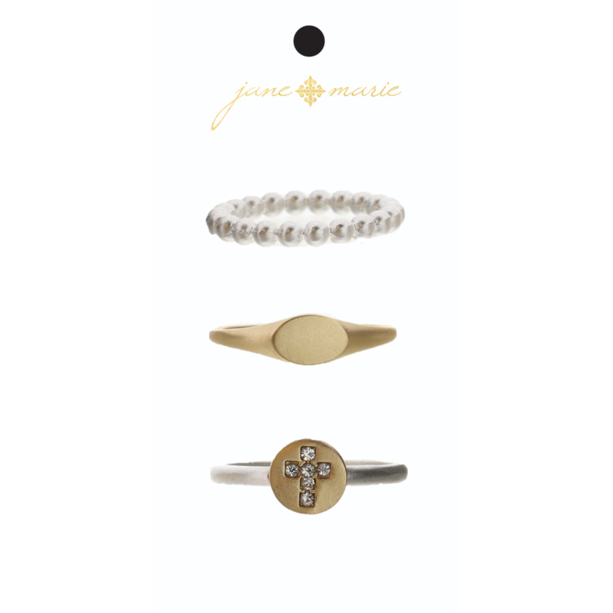 Set of 3, Silver Ball Band, Gold Signet Band, Gold Disc and Crystal Cross Silver Band Ring