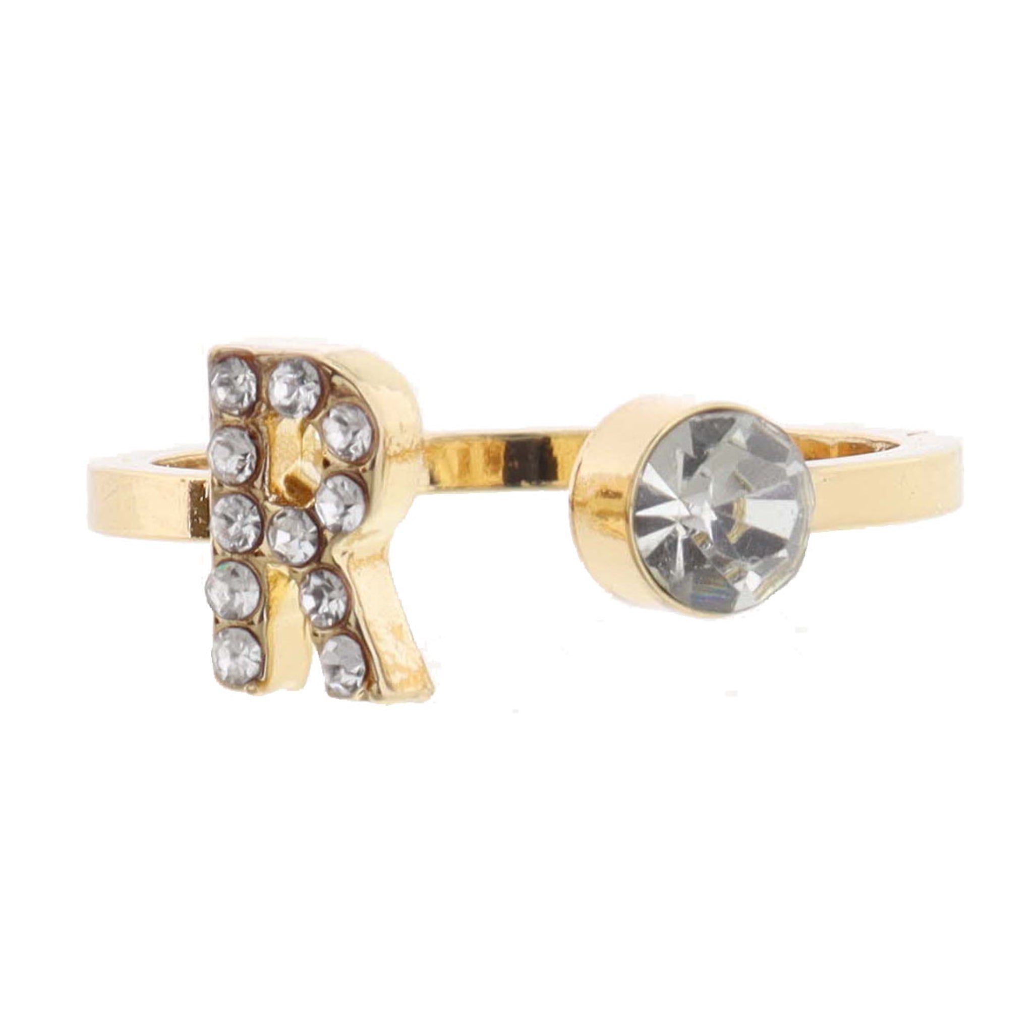 Shiny Gold Open Band with Mini Crystal "R" Initial and Clear Crystal Ring