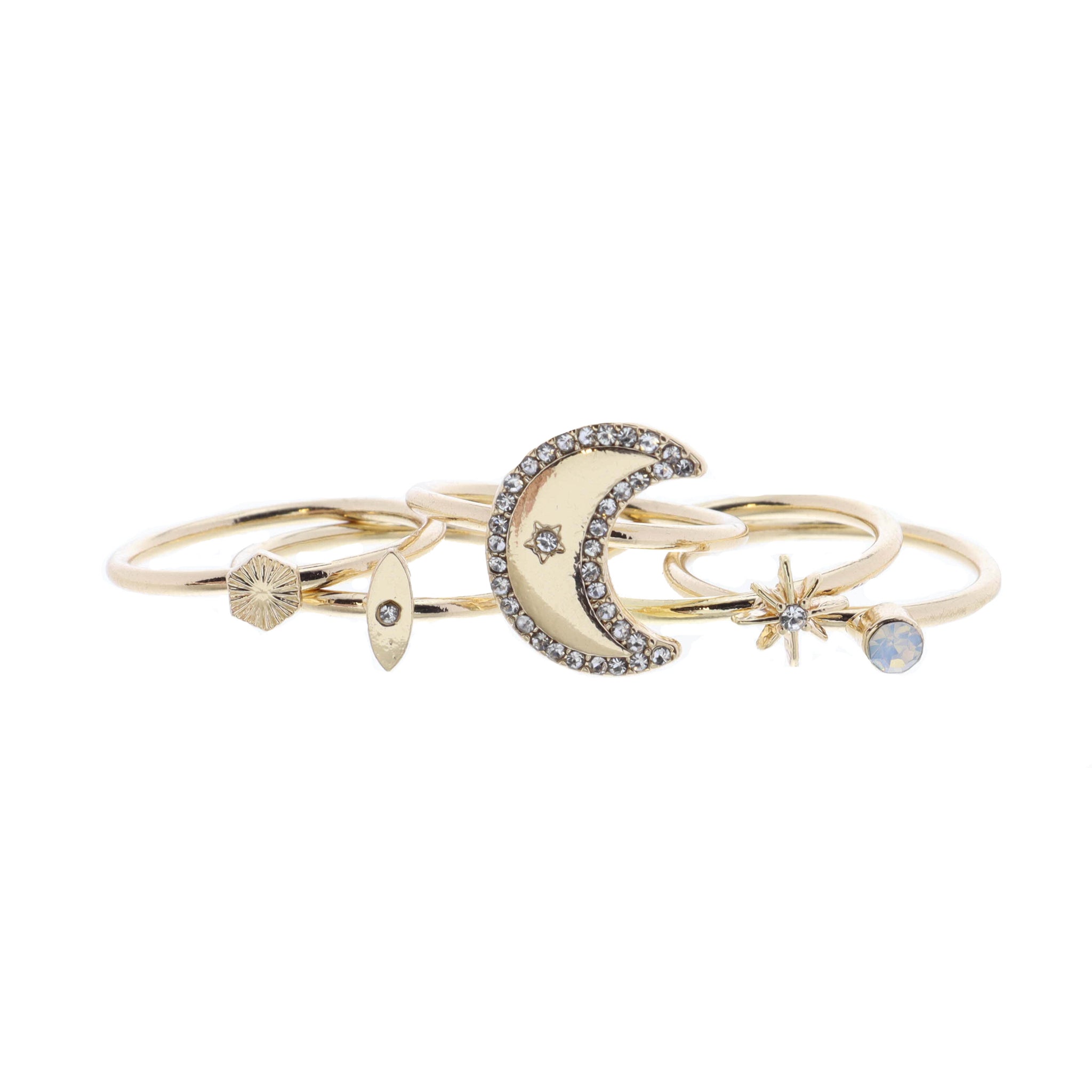 Set of 5, Crystal Crescent, Textured Hexagon, and Coordinating Gold Rings