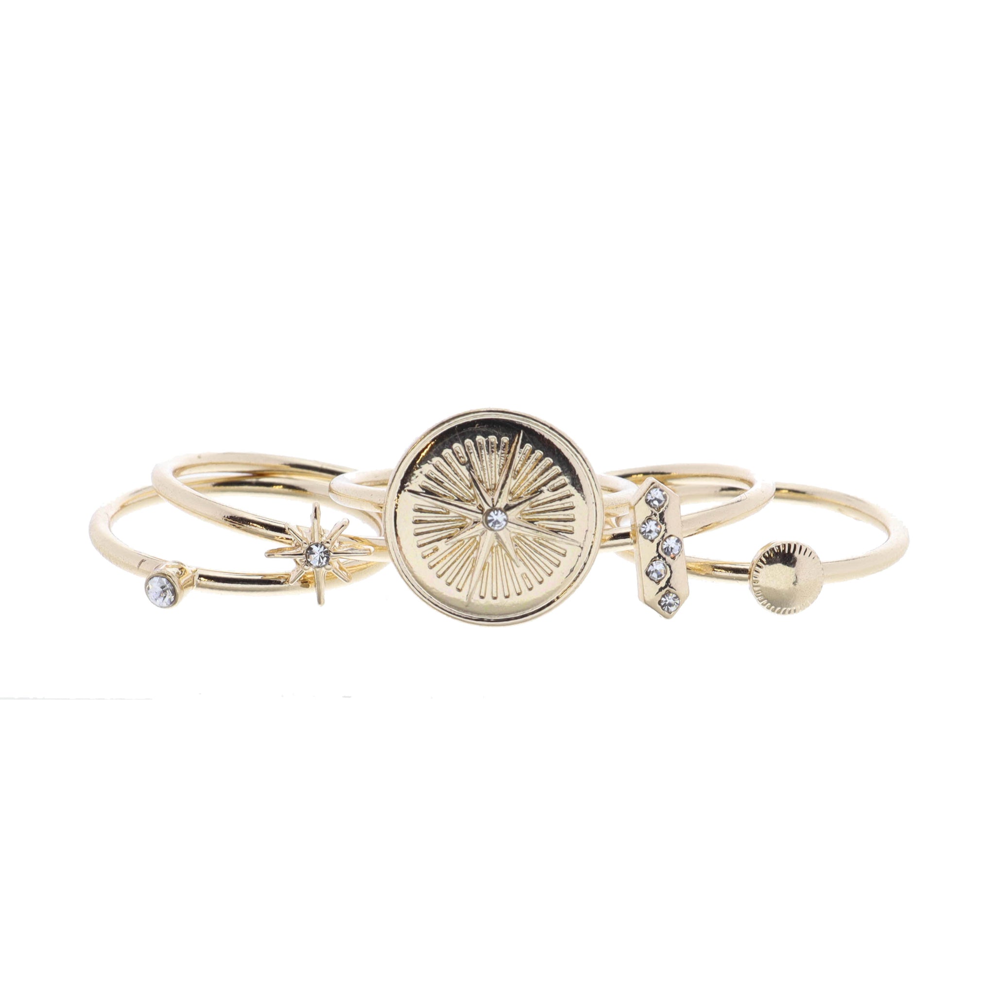 Set of 5, Starburst Disc with Center Crystal and Coordinating Gold Rings