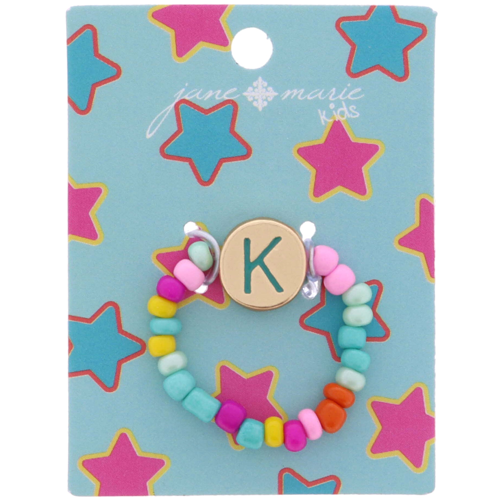 Kids Teal Multi Seed Bead Strand and Teal Enamel "K" Initial on Gold Disc Ring