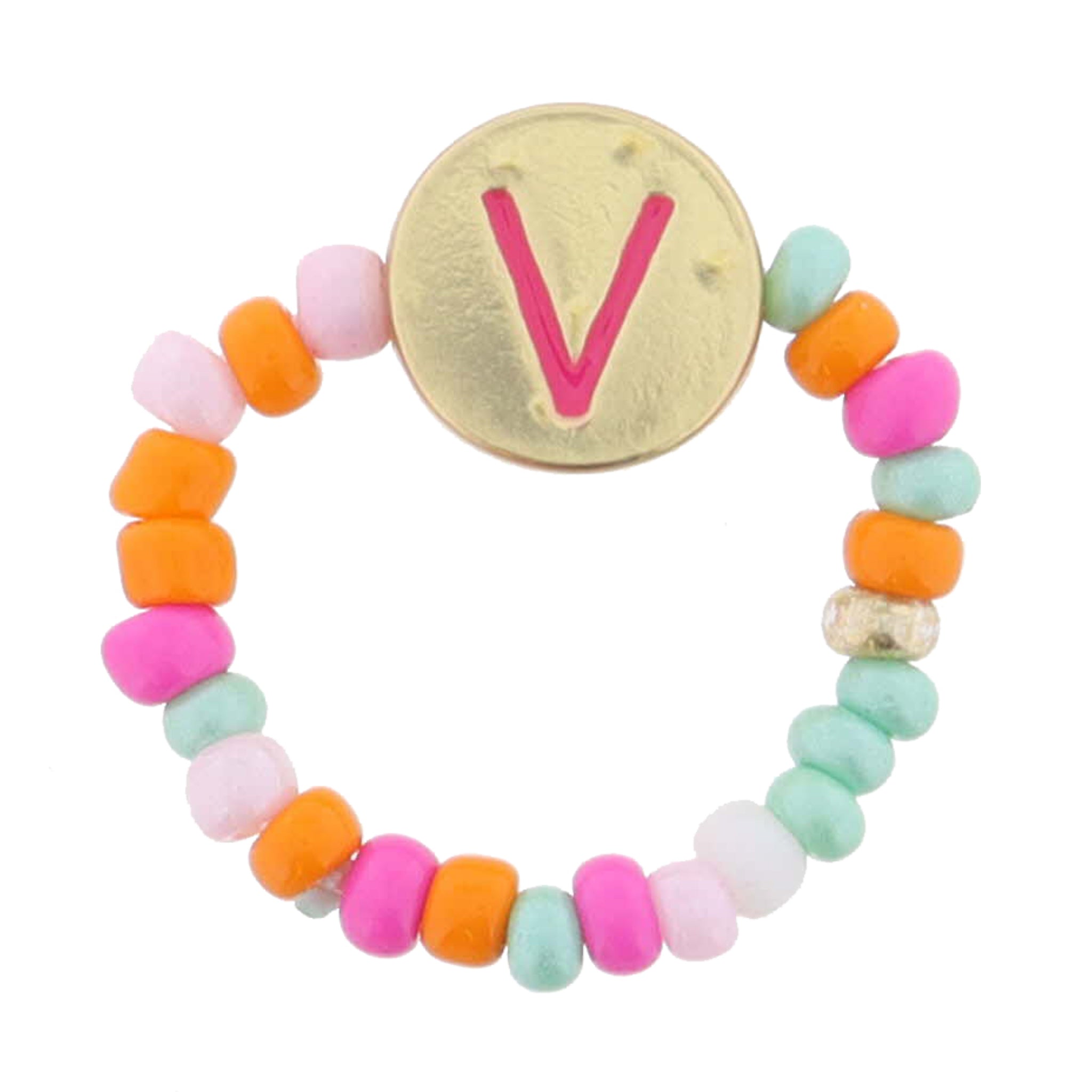 Kids Pink Multi Seed Bead Strand and Hot Pink Enamel "V" Initial on Gold Disc Ring