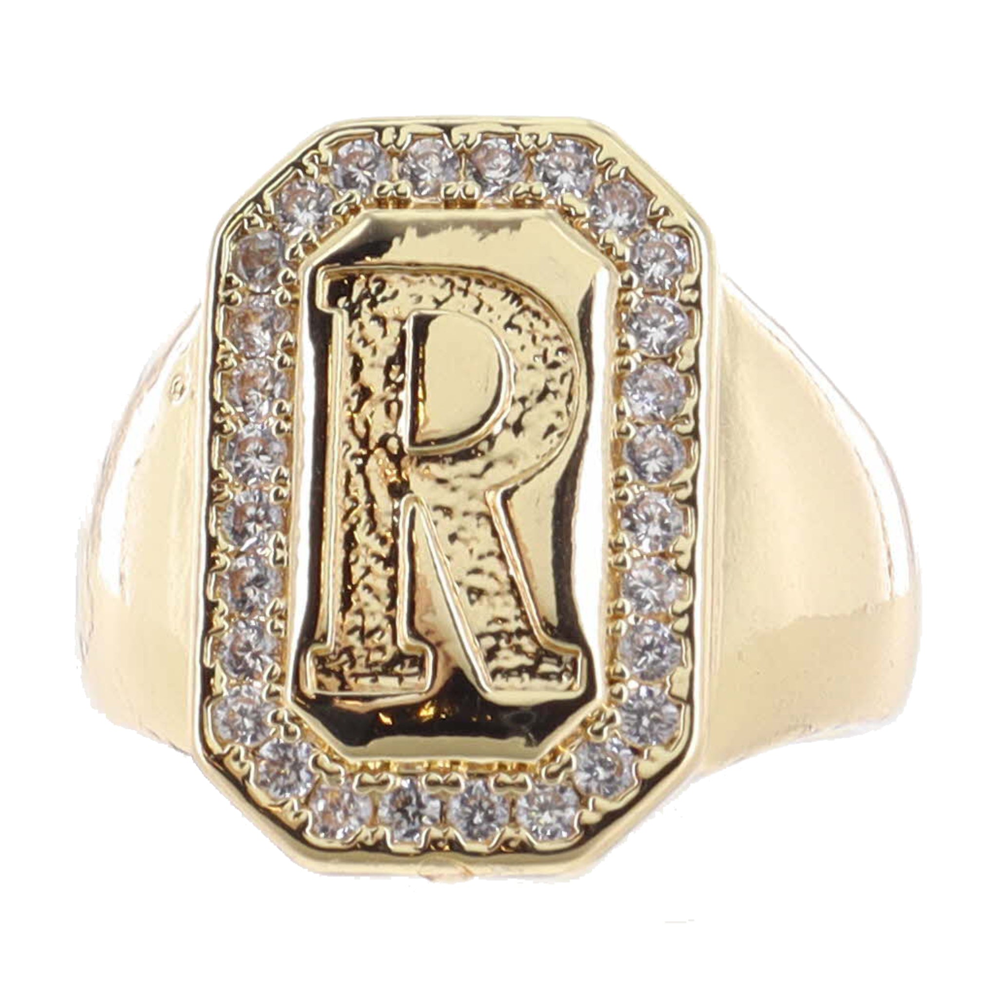 Shiny Gold with Crystal Edged "R" Initial Emerald Signet Ring