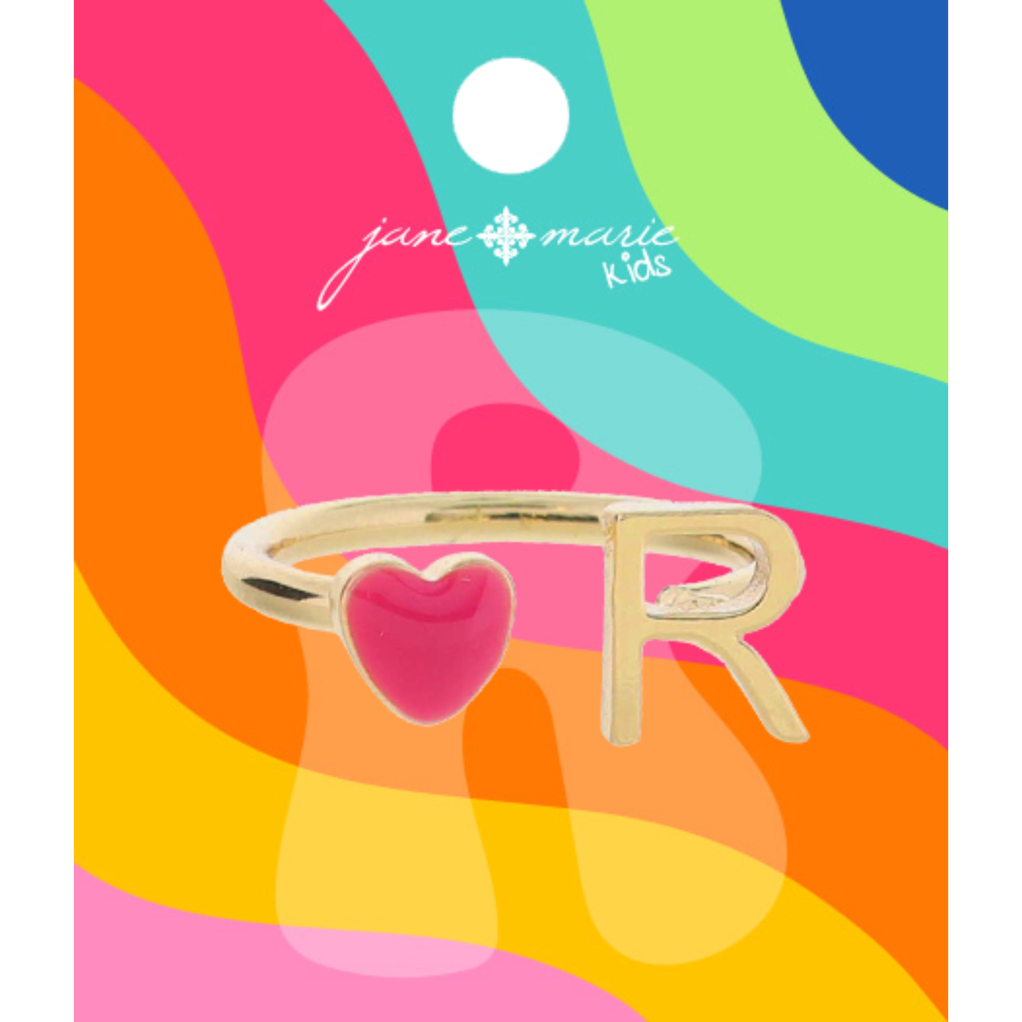 Kids Open Band with Pink Enamel Heart and Gold "R" Initial Ring, .25", .35" Icons