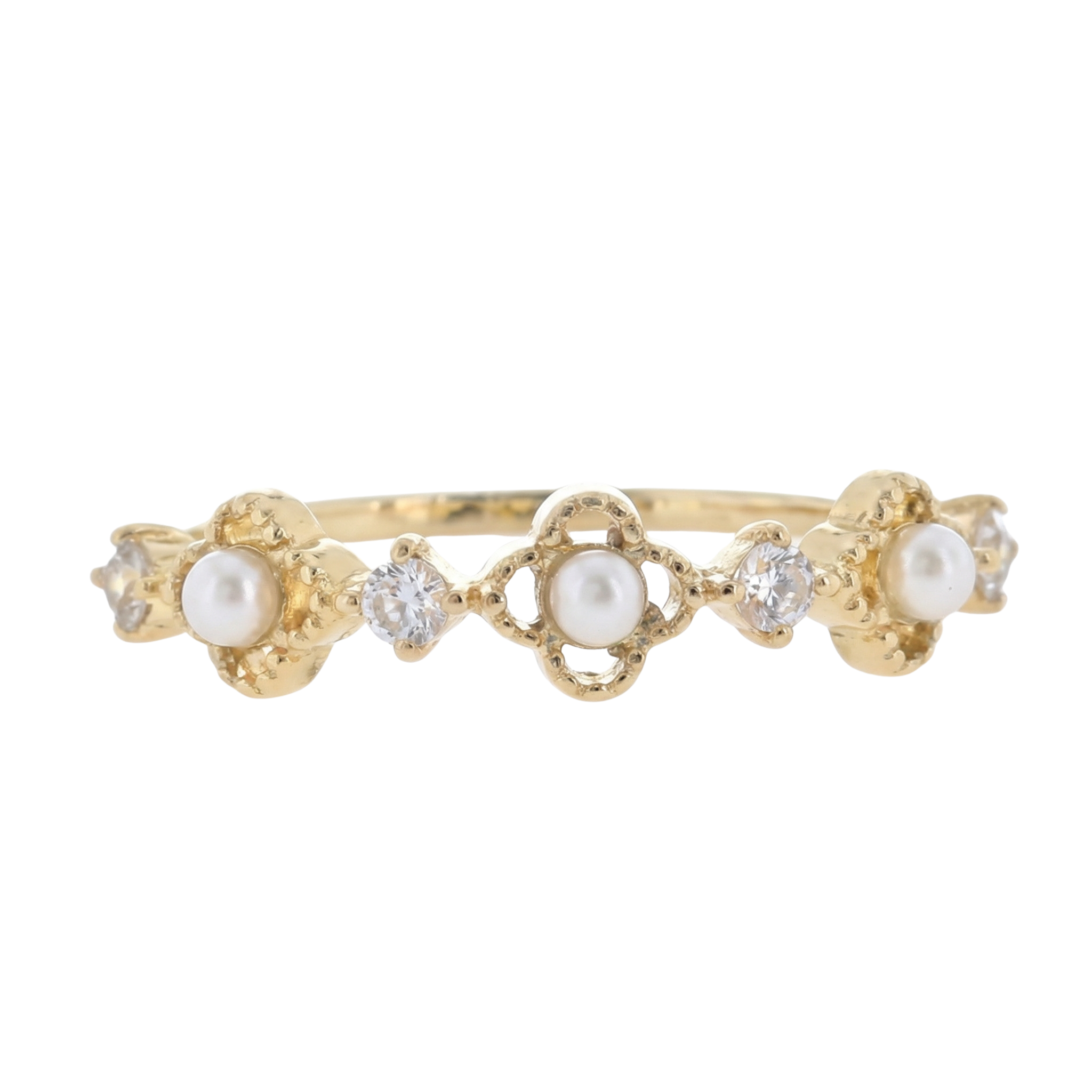 18K Gold Plated Pearl and Crystal Clover Ring