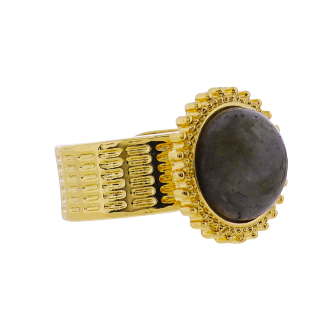 18k Gold Plated Line Textured Ring with Labrodite Circle