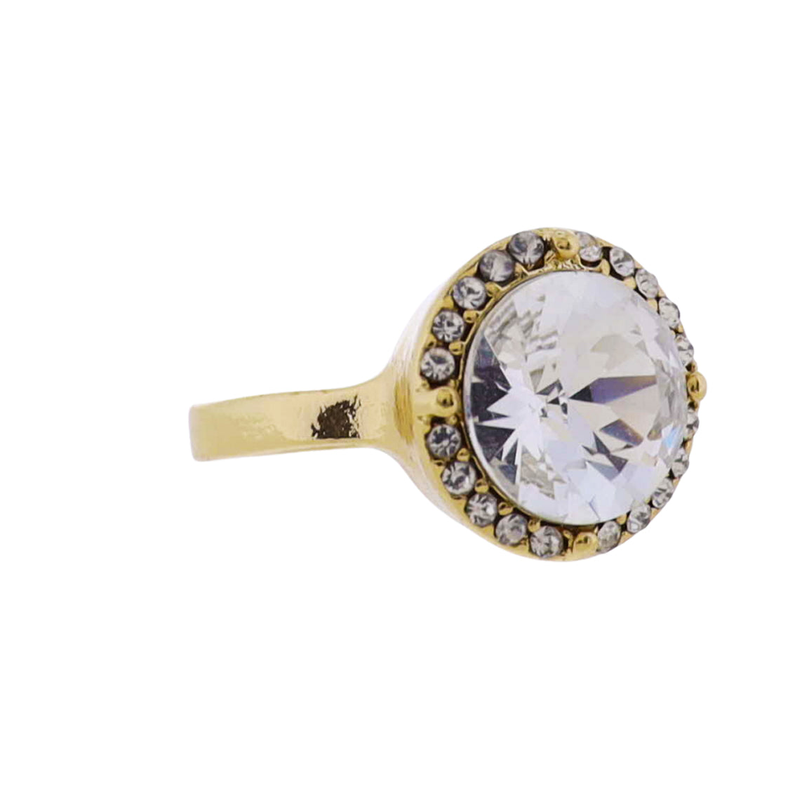 18k Gold Plated Ring with Clear Large Round Crystal and Crystal Edge