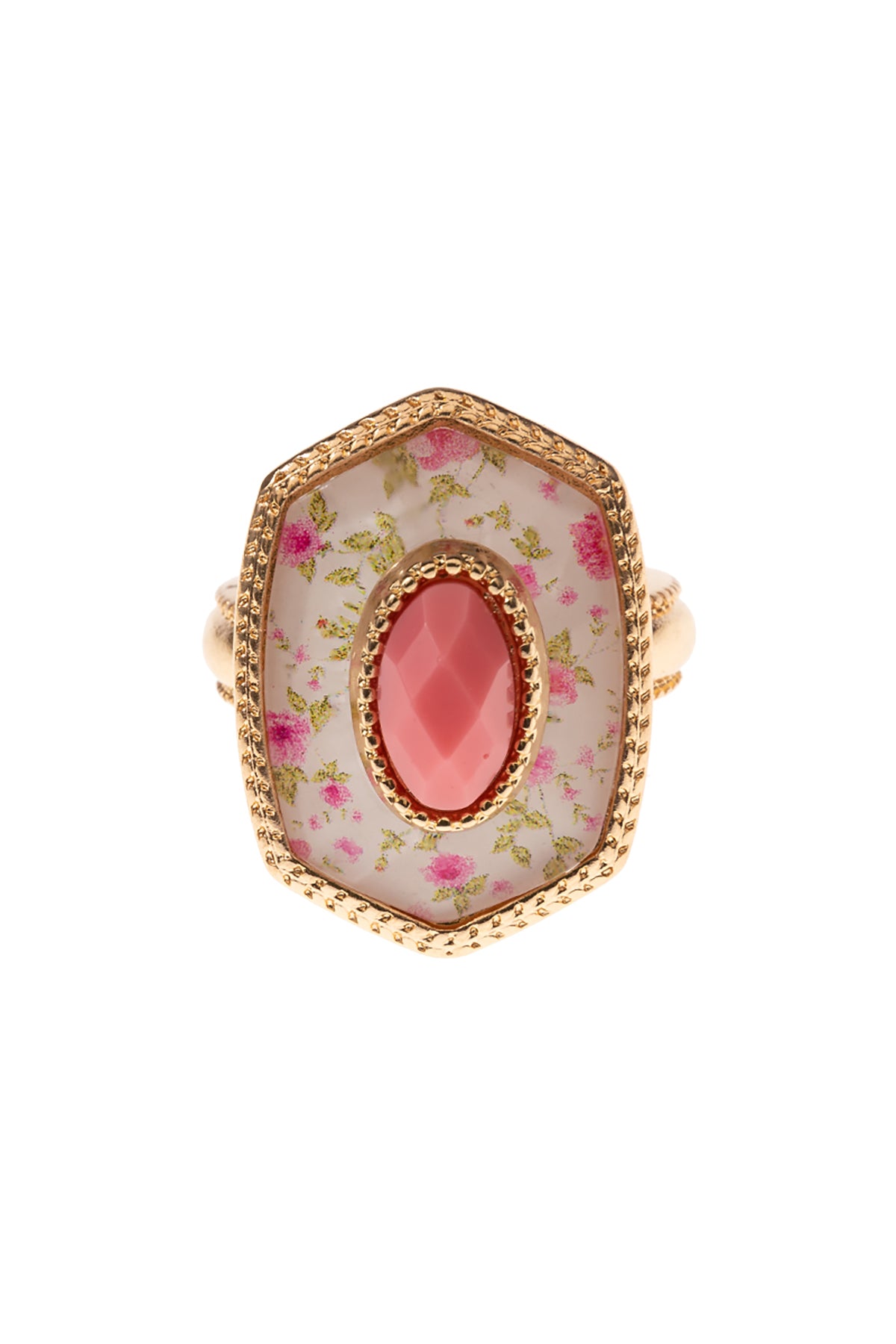 Pink Ring with Pink Floral Elongated Hexagon and Center Stone