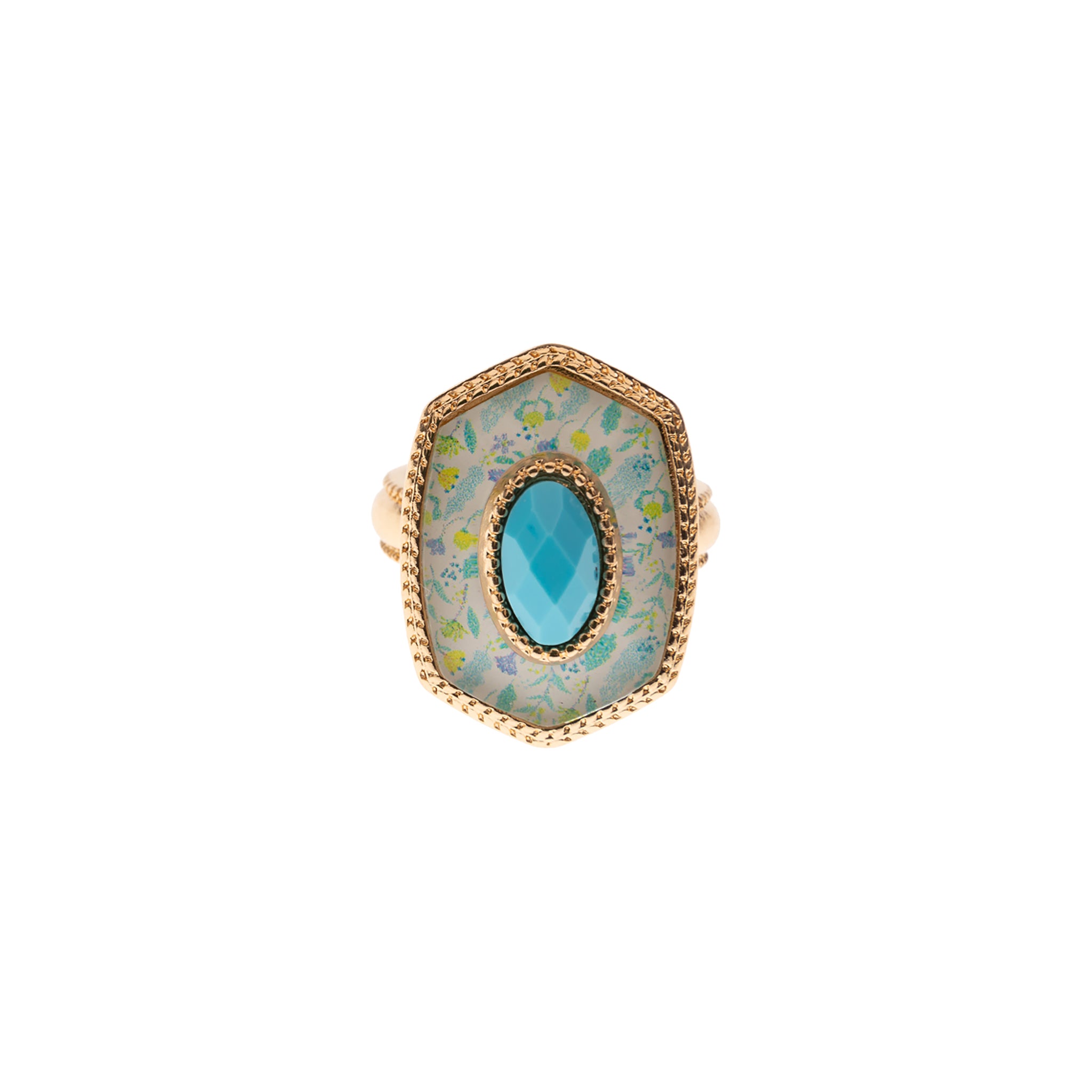 Blue Ring with Blue Floral Elongated Hexagon and Center Stone