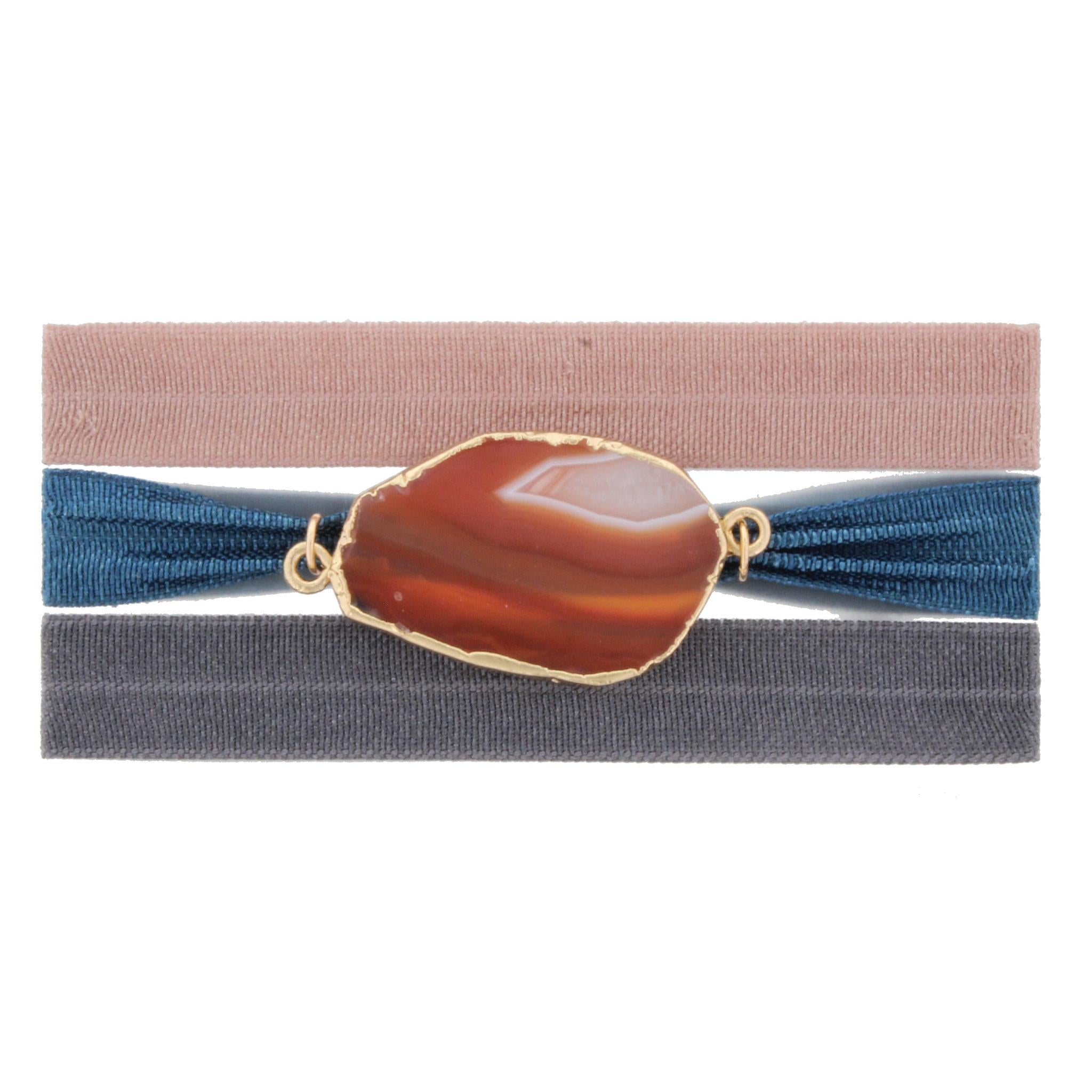 Three 8" Hair Ties - Grey, Dark Teal with Brown Agate, and Mauve Ties