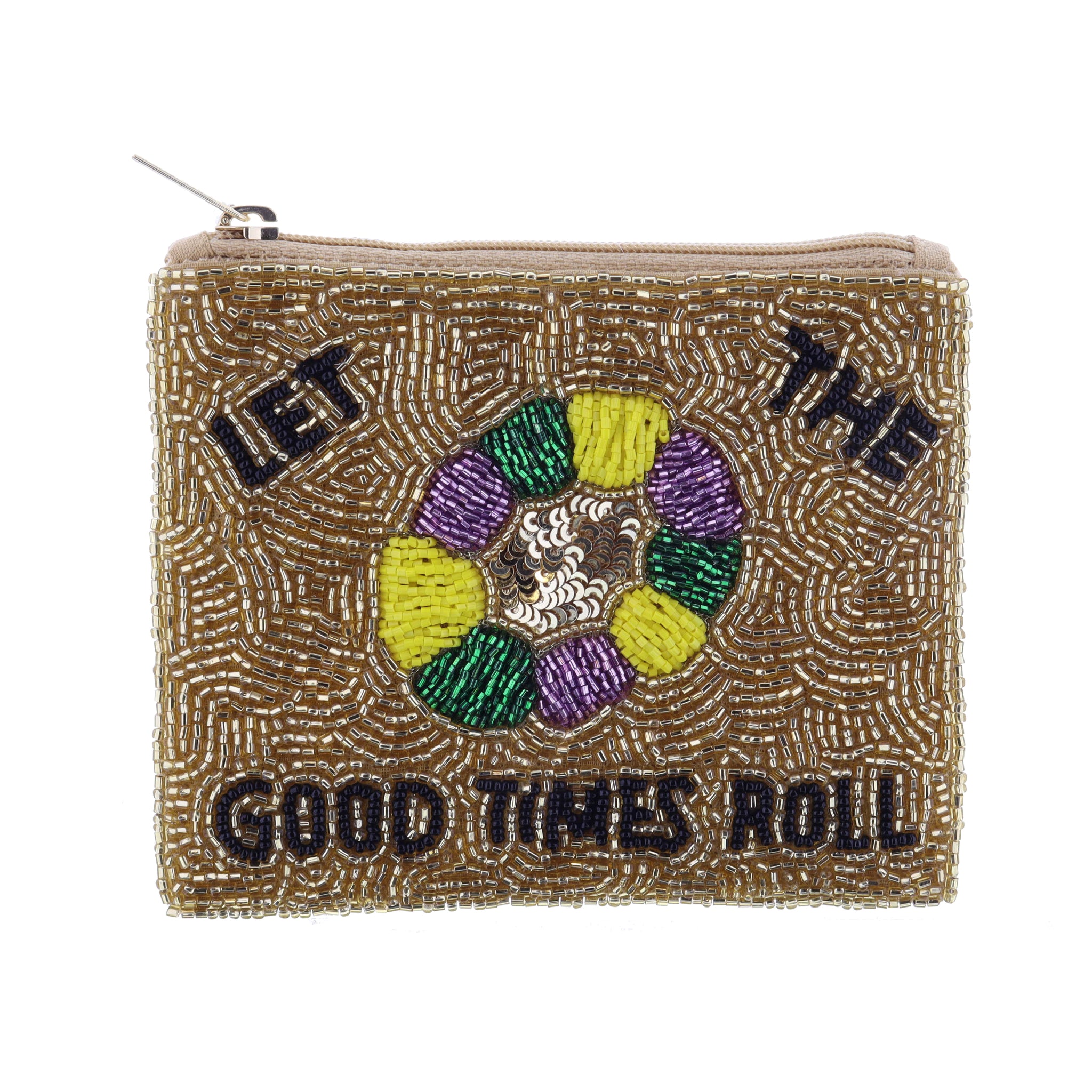 Gold Beaded with "LET THE GOOD TIMES ROLL" and Multi Beaded King Cake Coin Purse