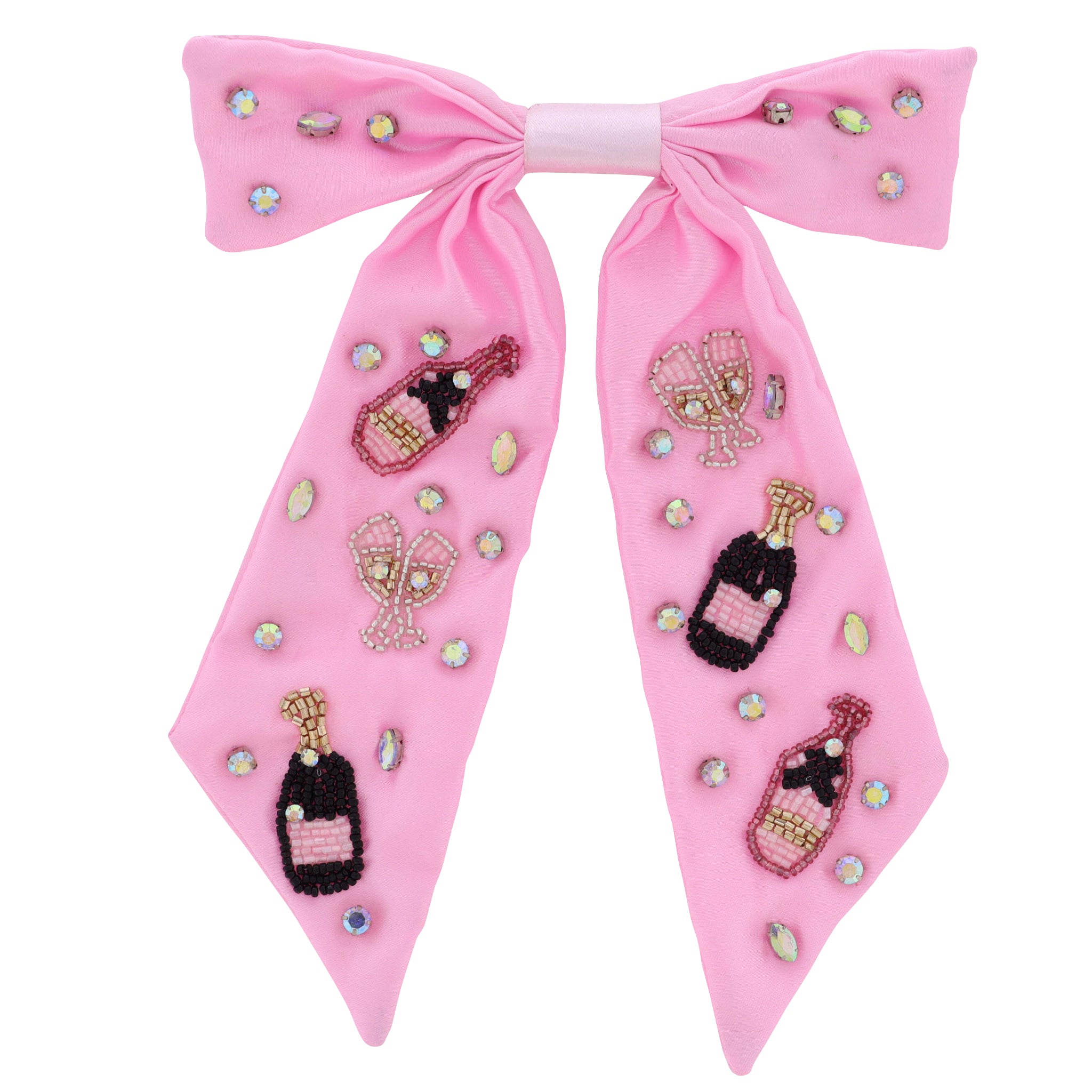 Pink Satin Hair Bow with Beaded Champagne Bottles & Champagne Glasses
