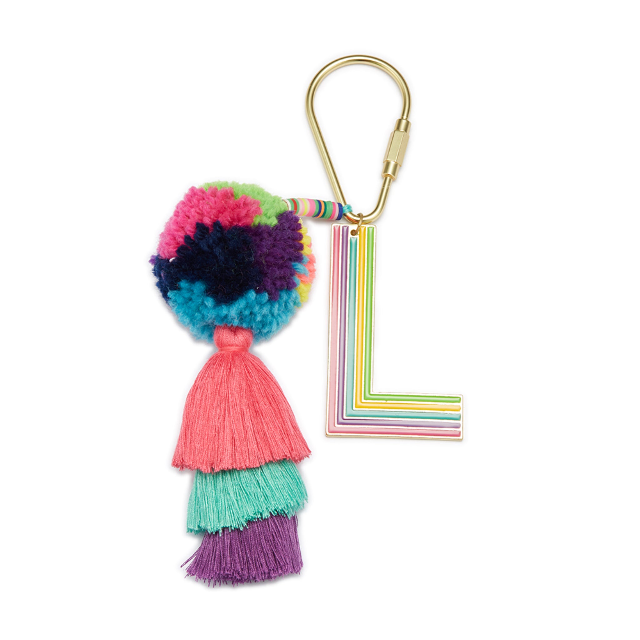 Enamel "L" with Multi Rubber Disk with Multi Large Pom & Stacked Tassel Keychain