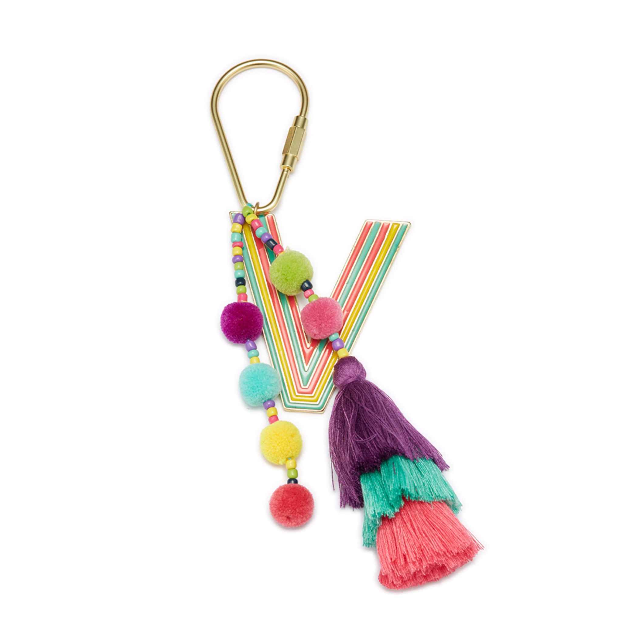 Enamel "V" with Multi Beaded Strands, Pom, Stacked Tassel Keychain