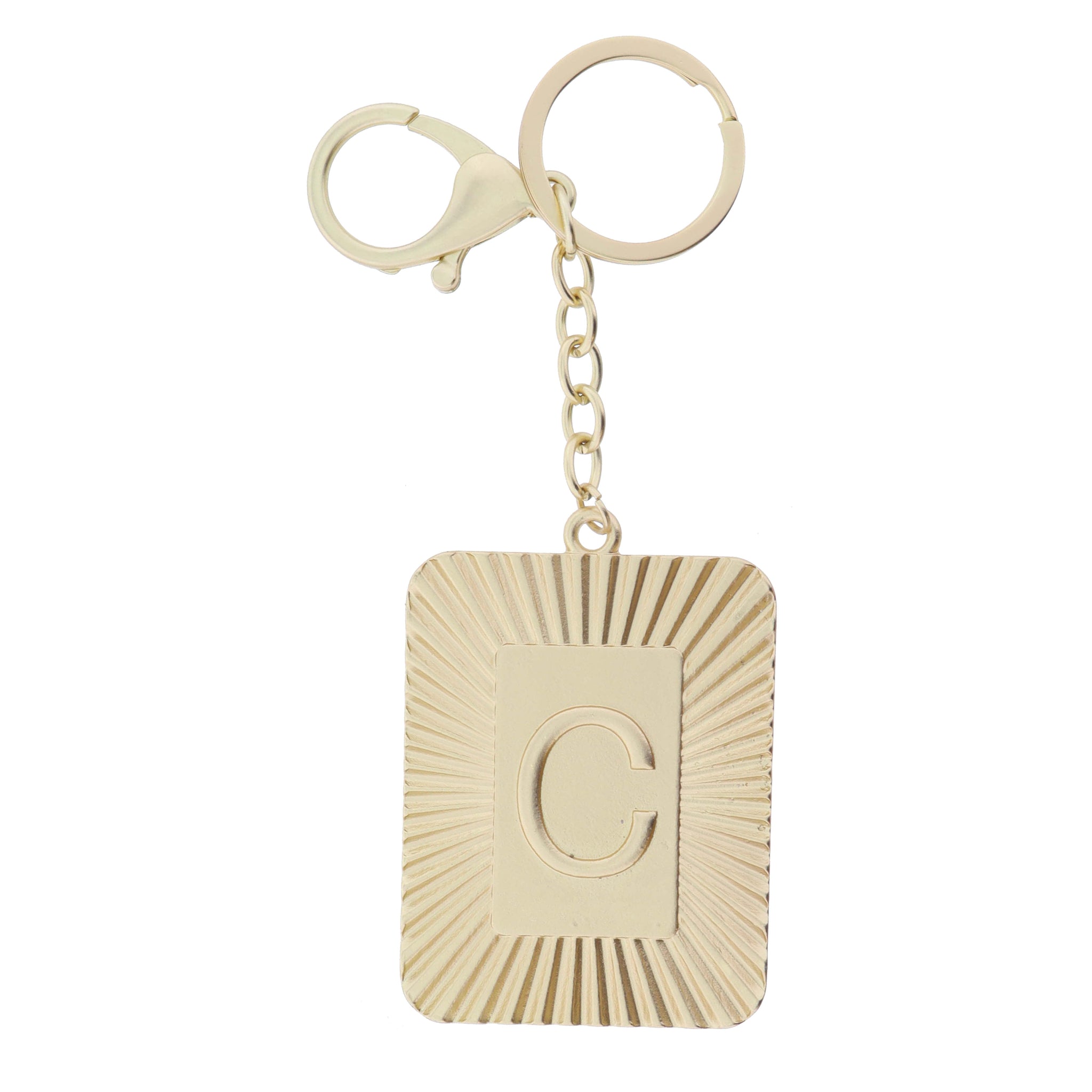 Gold Sunburst Textured Rectangle with "C" Initial Center Plate Keychain