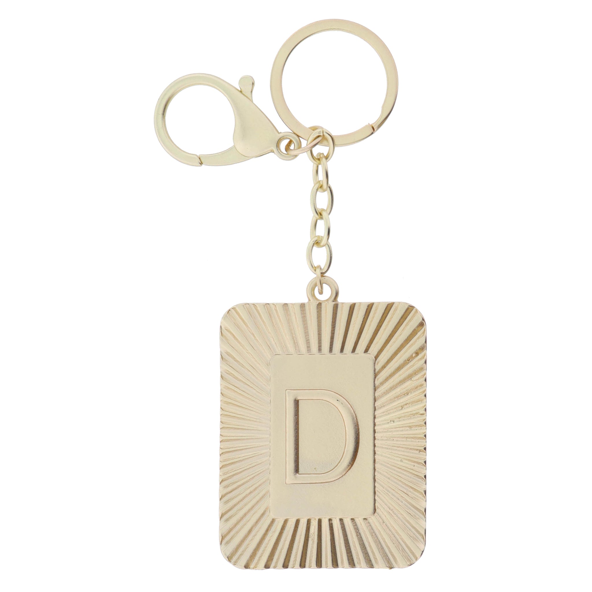 Gold Sunburst Textured Rectangle with "D" Initial Center Plate Keychain