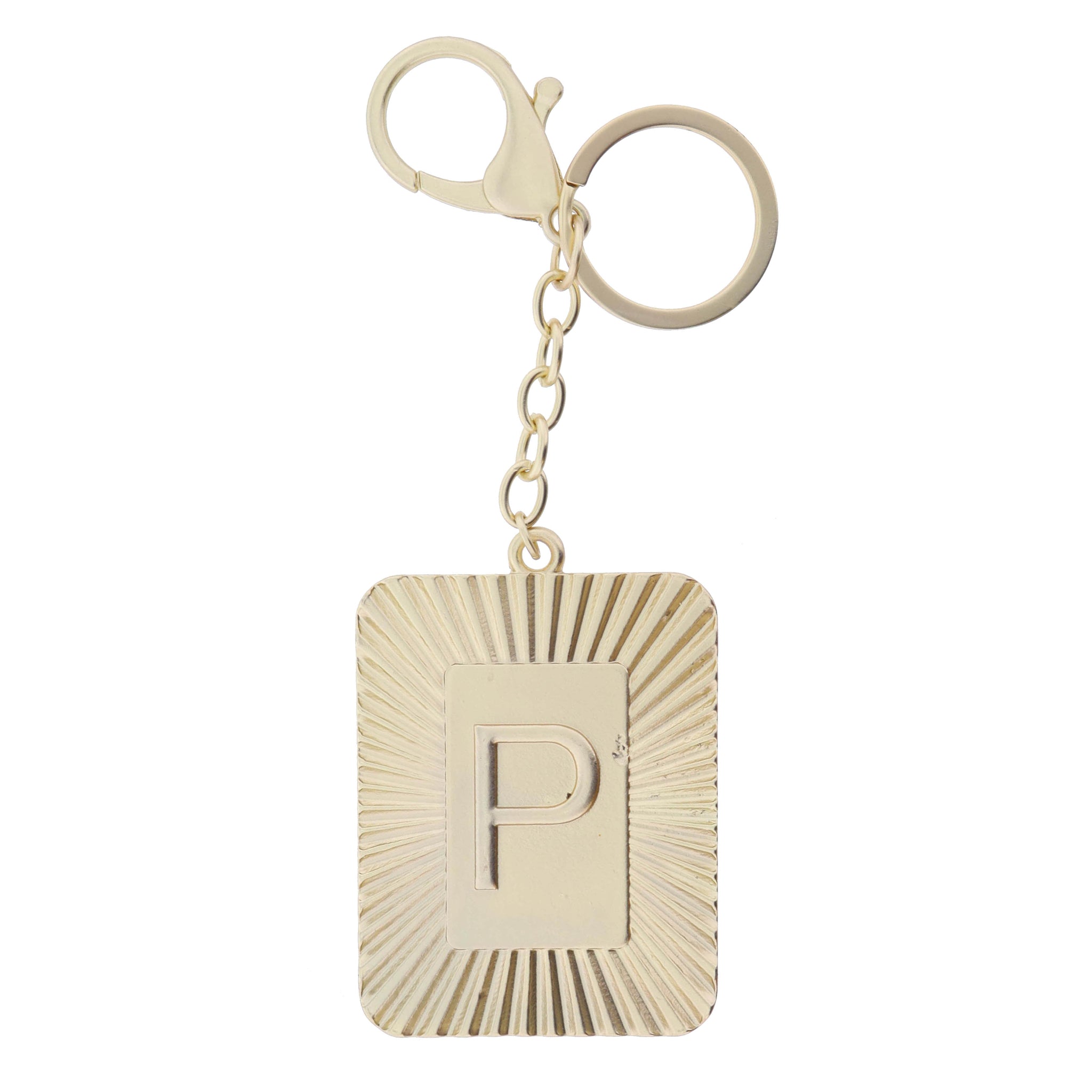 Gold Sunburst Textured Rectangle with "P" Initial Center Plate Keychain