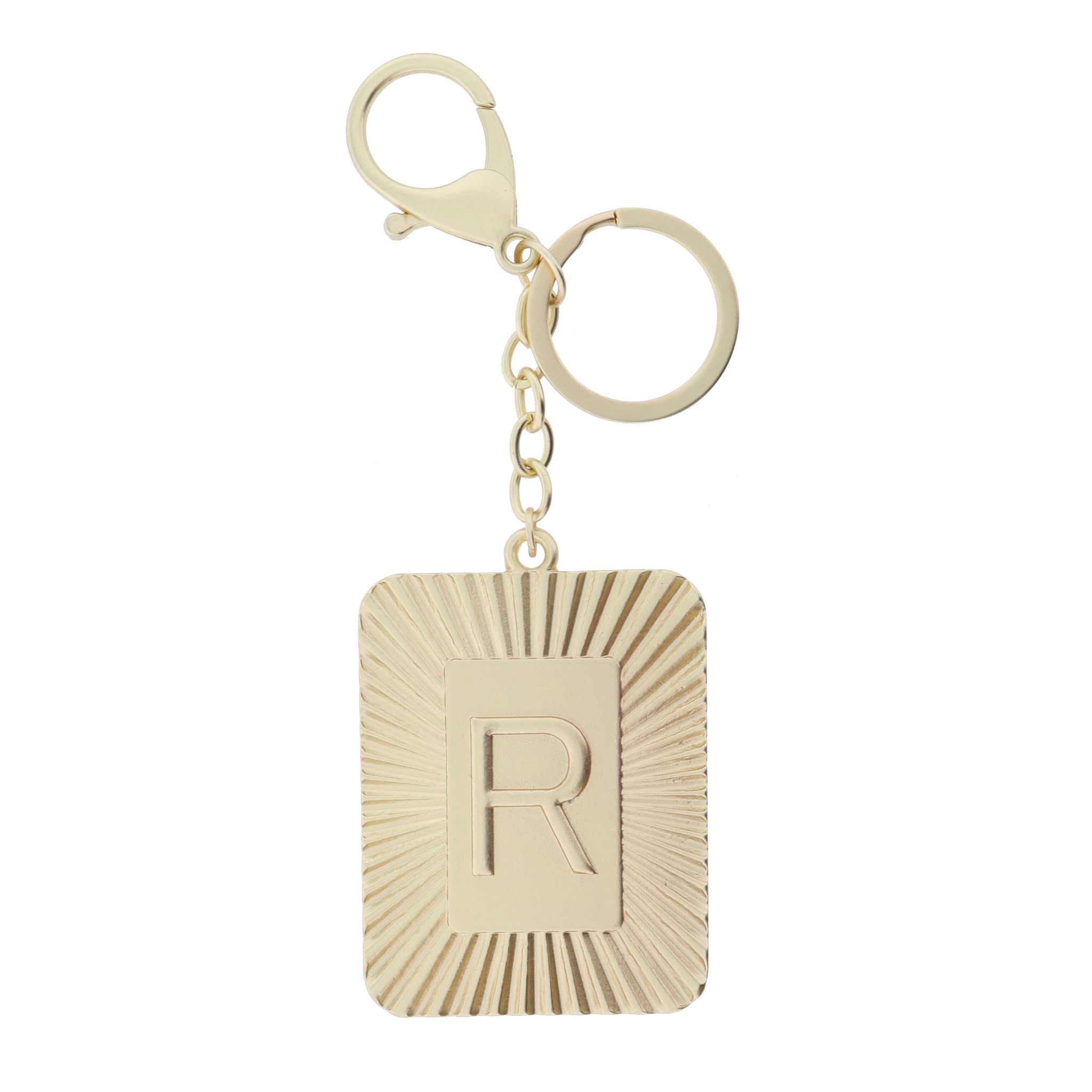 Gold Sunburst Textured Rectangle with "R" Initial Center Plate Keychain