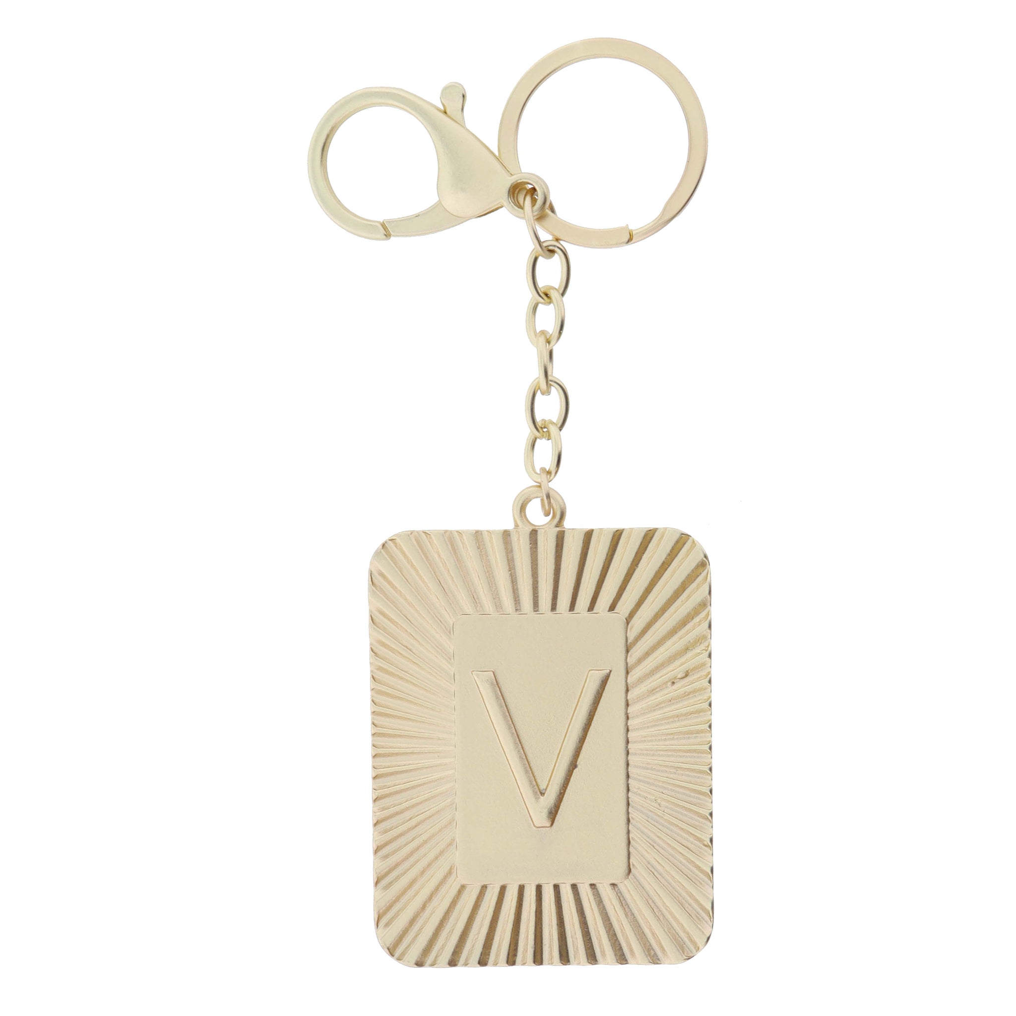 Gold Sunburst Textured Rectangle with "V" Initial Center Plate Keychain