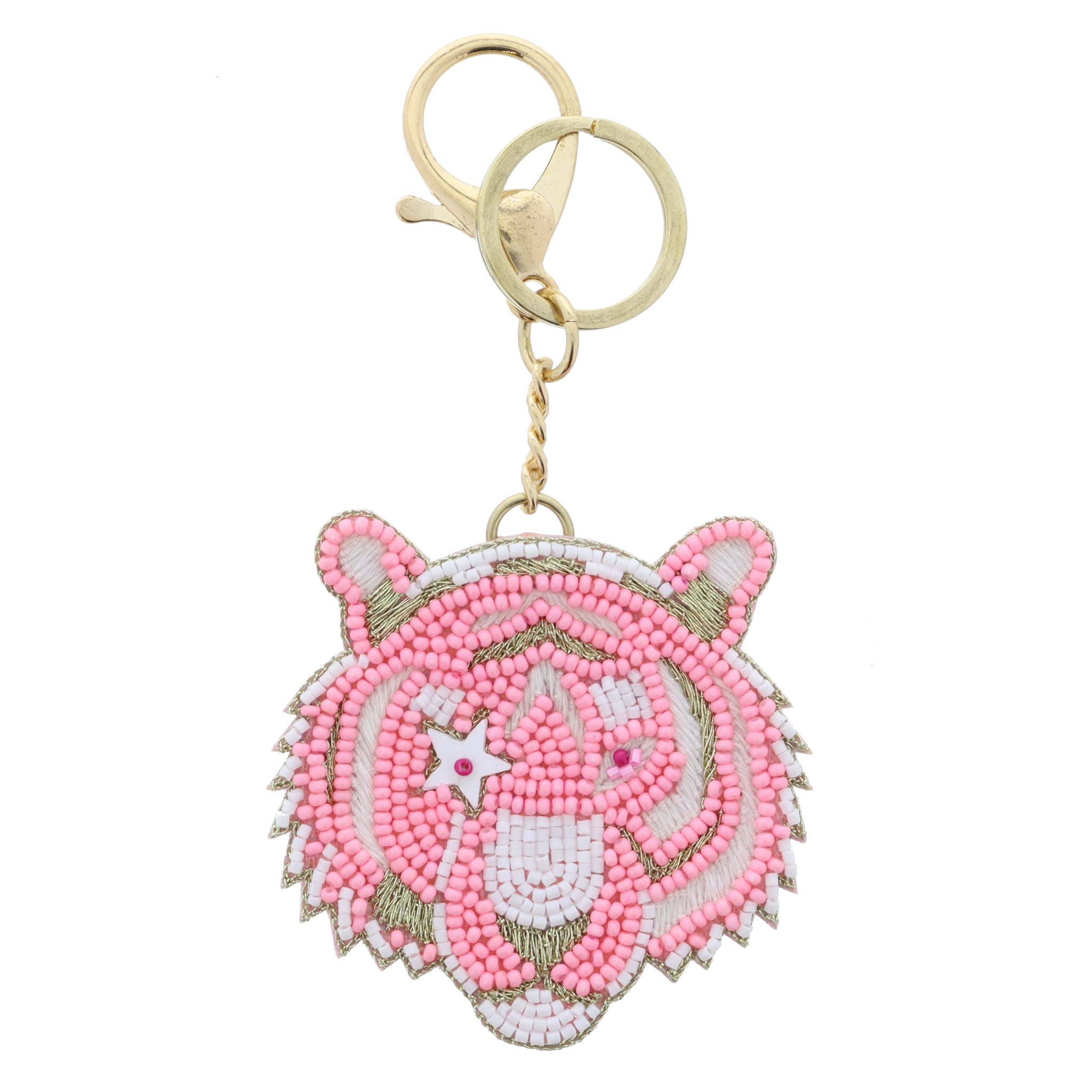 Pink, White, Gold Beaded Post and Star Eyed Tiger Head Keychain