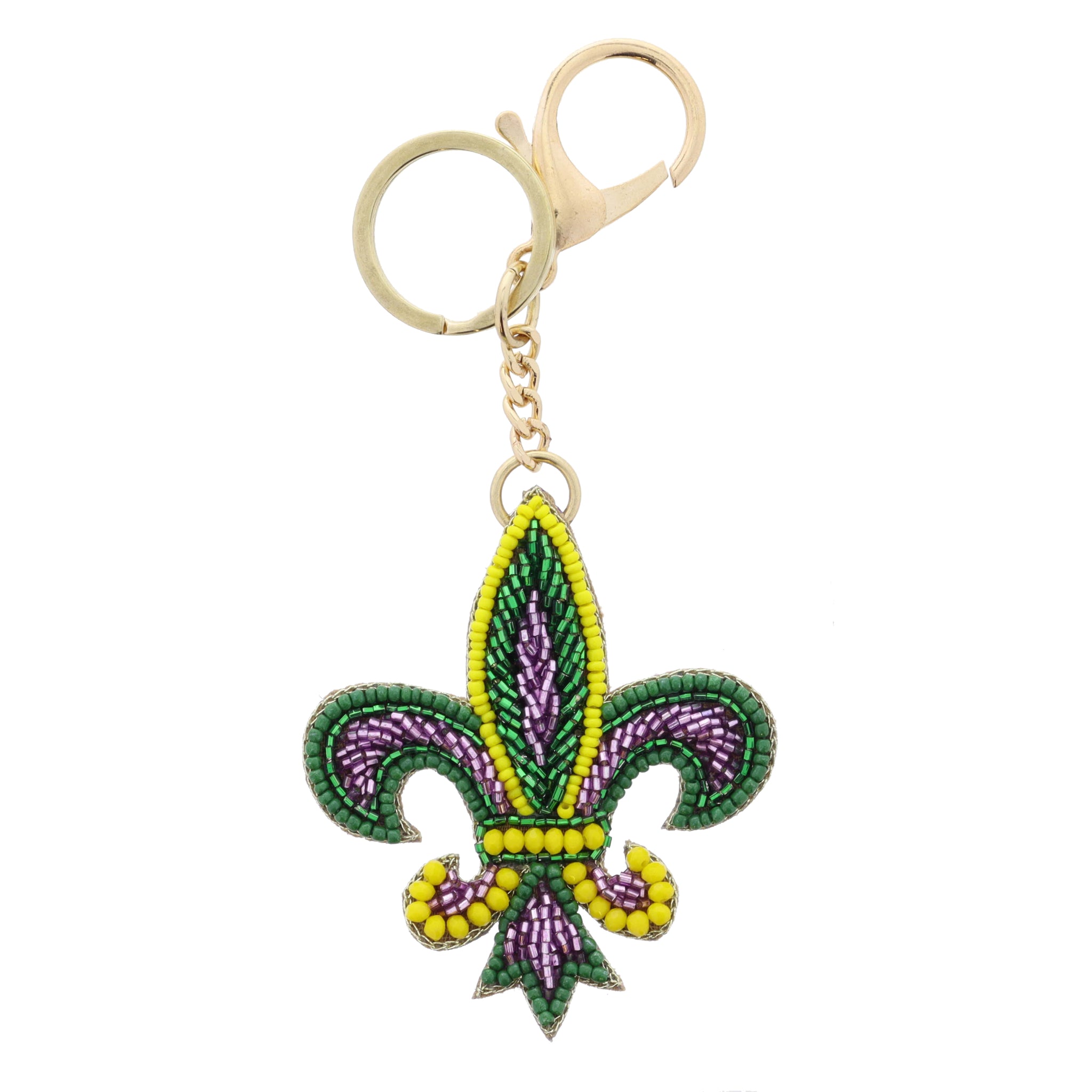 Multi Green, Yellow, Purple Beaded Fleur De Lis Keychain