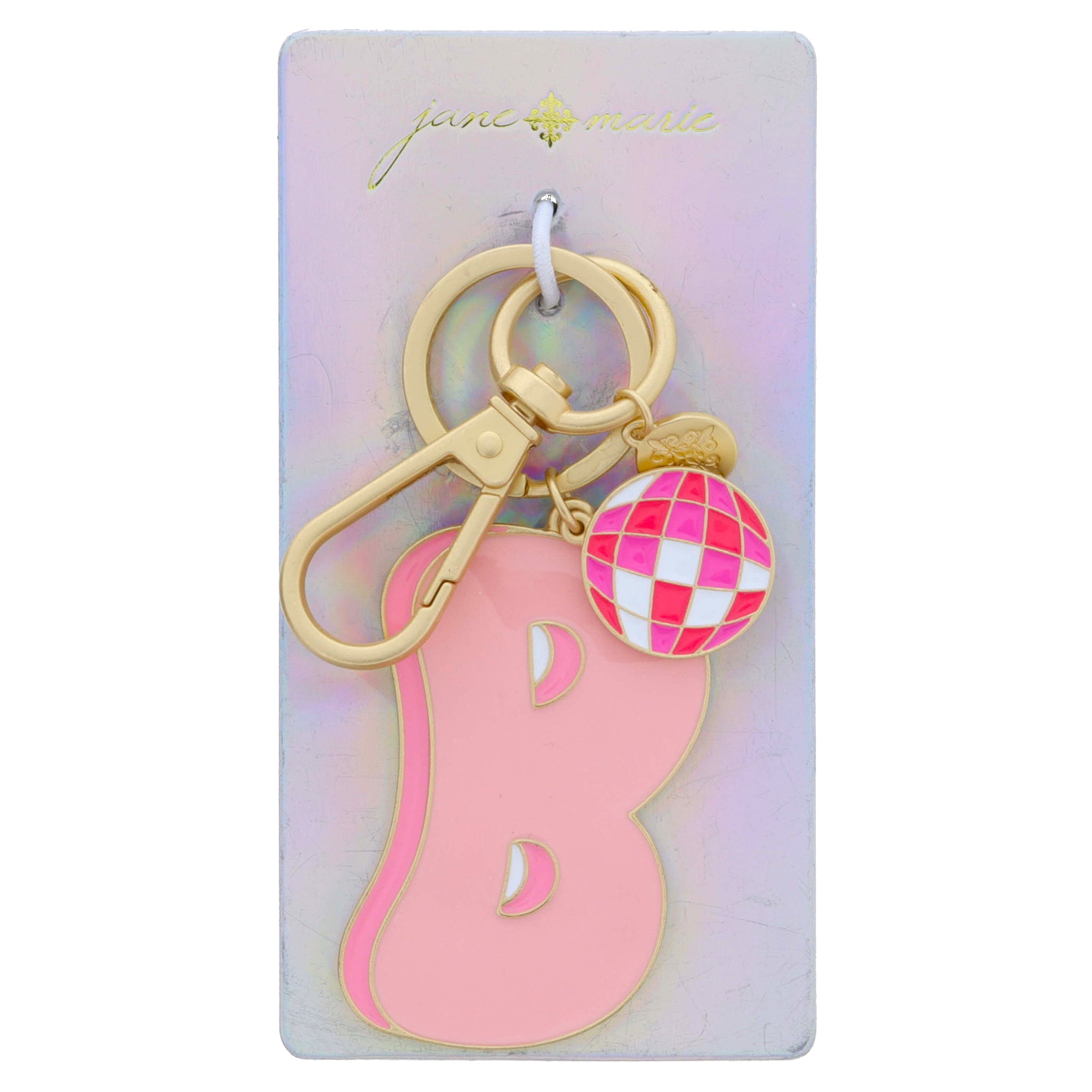 Multi Pink Enamel Retro Bubble "B" with Multi Pinks Enamel Disco Ball Charm Keychain, 2", .75" Top to Bottom