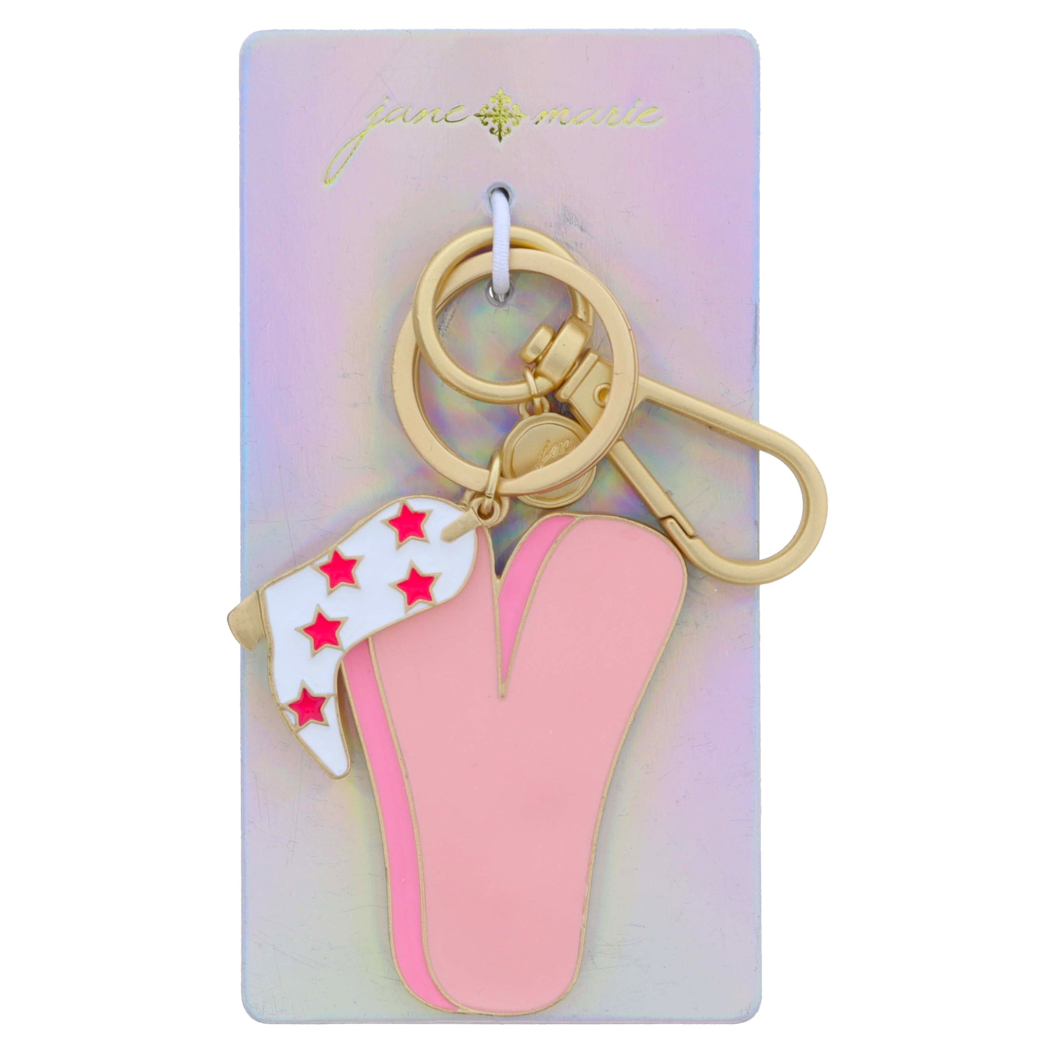 Multi Pink Enamel Retro Bubble "V" with Enamel Hot Pink Star Boot Charm Keychain, 2", 1.15" Top to Bottom