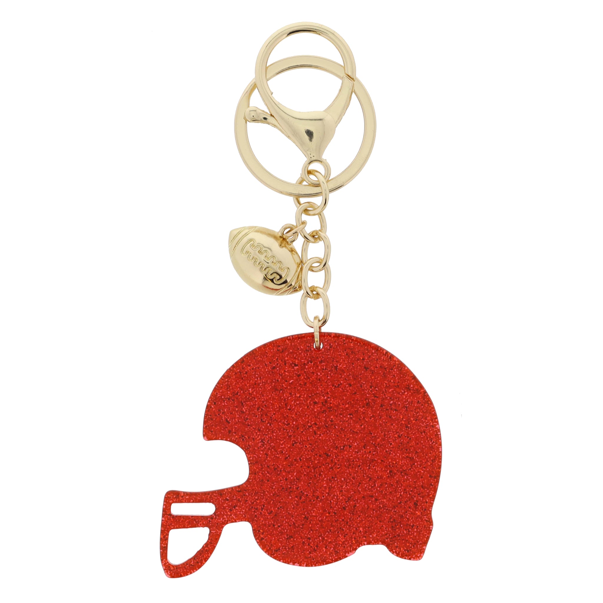 Small Gold Football Charm and Red Glitter Acrylic Football Helmet Keychain, .5", 2" Top To Bottom