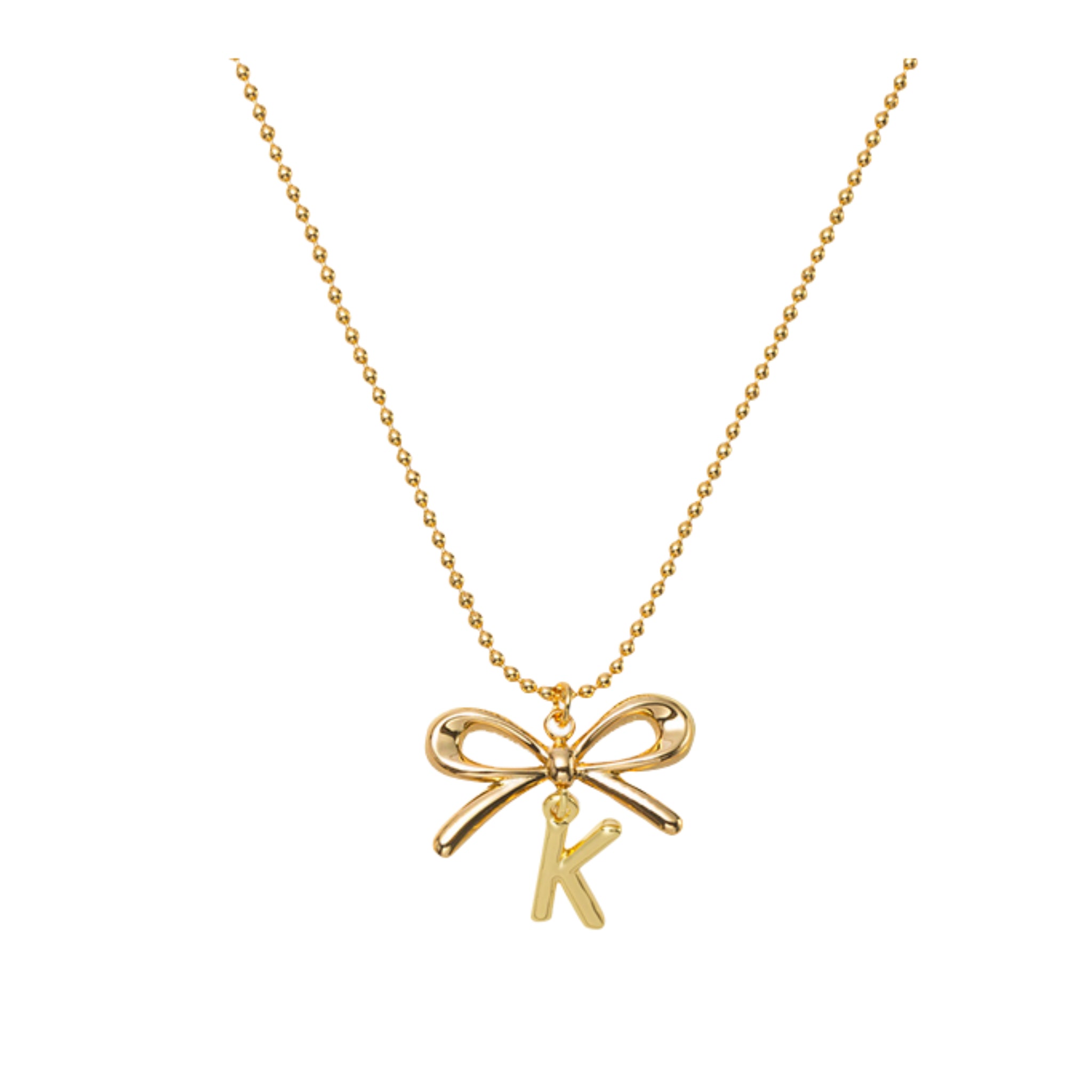 18K Gold Plated Ball Chain Necklace with Gold Bow & Initial "K"