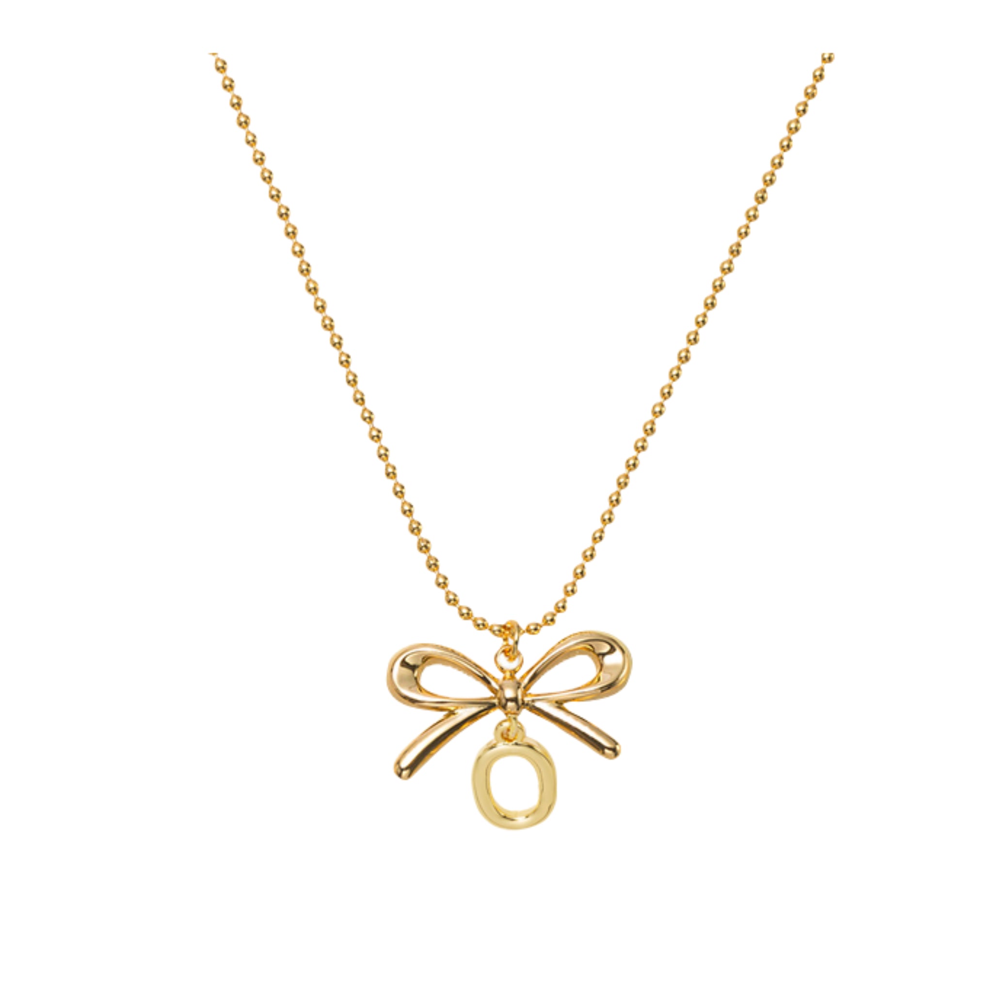 18K Gold Plated Ball Chain Necklace with Gold Bow & Initial "O"