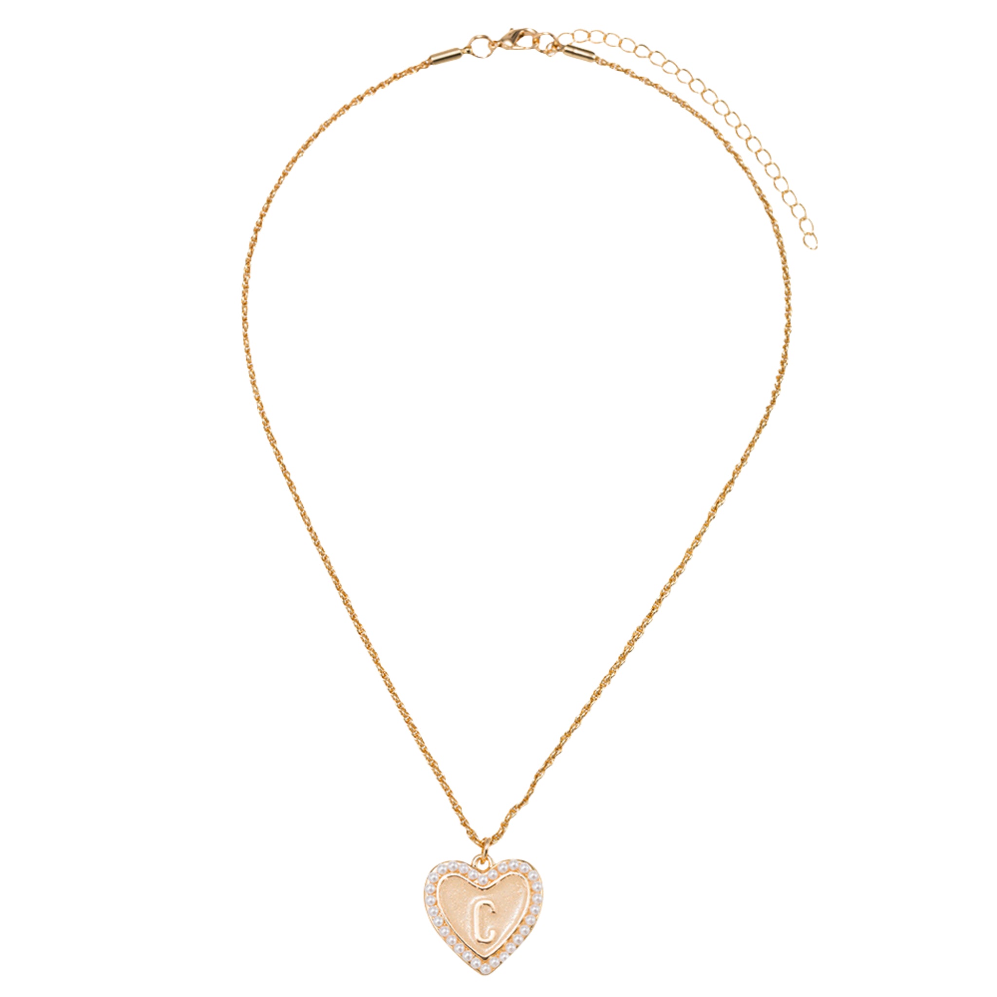 Kids Pearl Edged, Double Sided Heart with One Side Gold Bow, One Side Initial "C" Rope Necklace